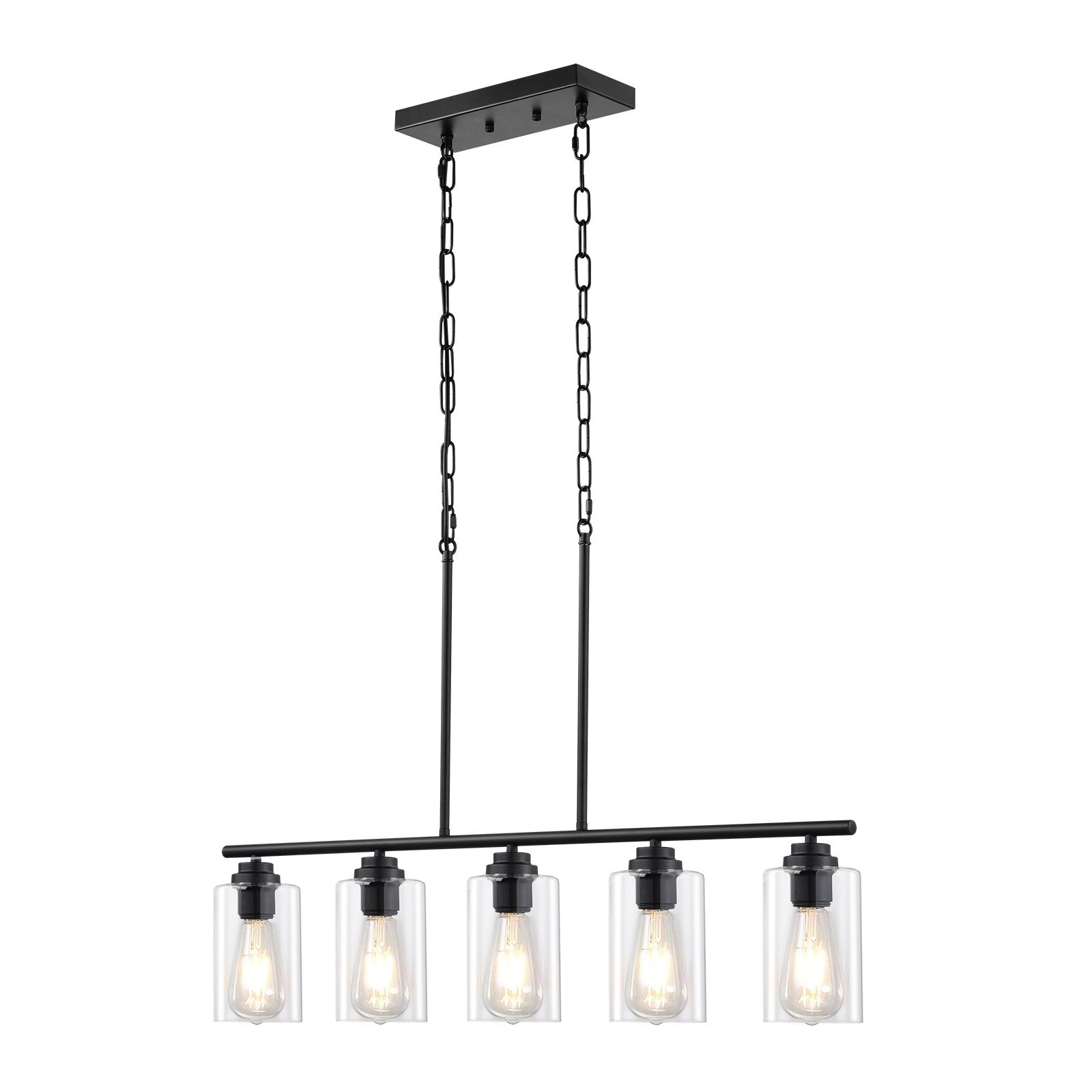 Farmhouse 5-Light Pendant Chandelier for Kitchen Island, Adjustable Dining Fixture with Clear Glass, Metal Frame, E26 Edison Compatible