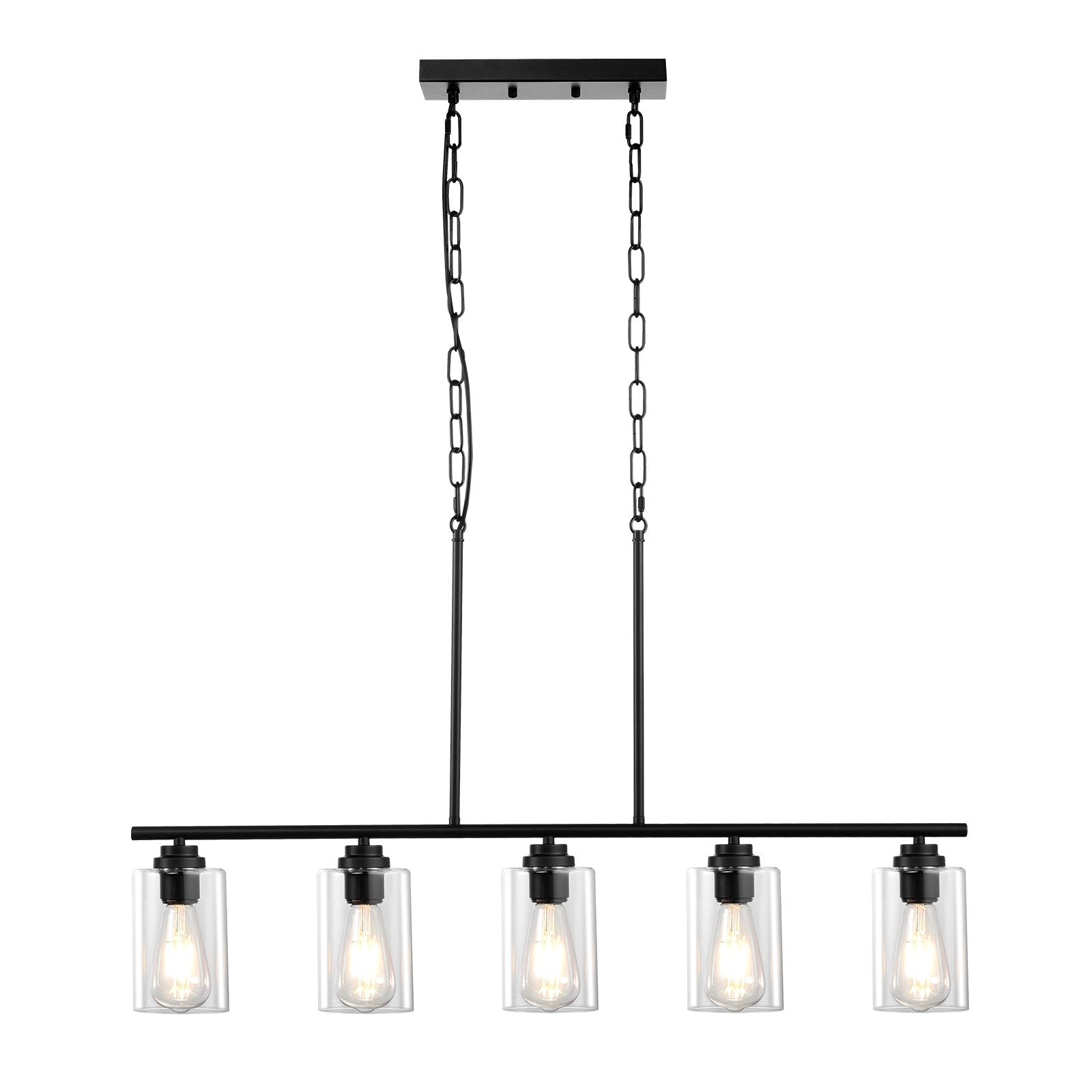 Farmhouse 5-Light Pendant Chandelier for Kitchen Island, Adjustable Dining Fixture with Clear Glass, Metal Frame, E26 Edison Compatible