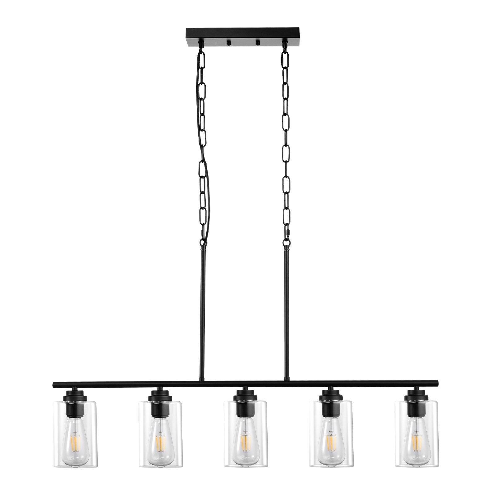 Farmhouse 5-Light Pendant Chandelier for Kitchen Island, Adjustable Dining Fixture with Clear Glass, Metal Frame, E26 Edison Compatible
