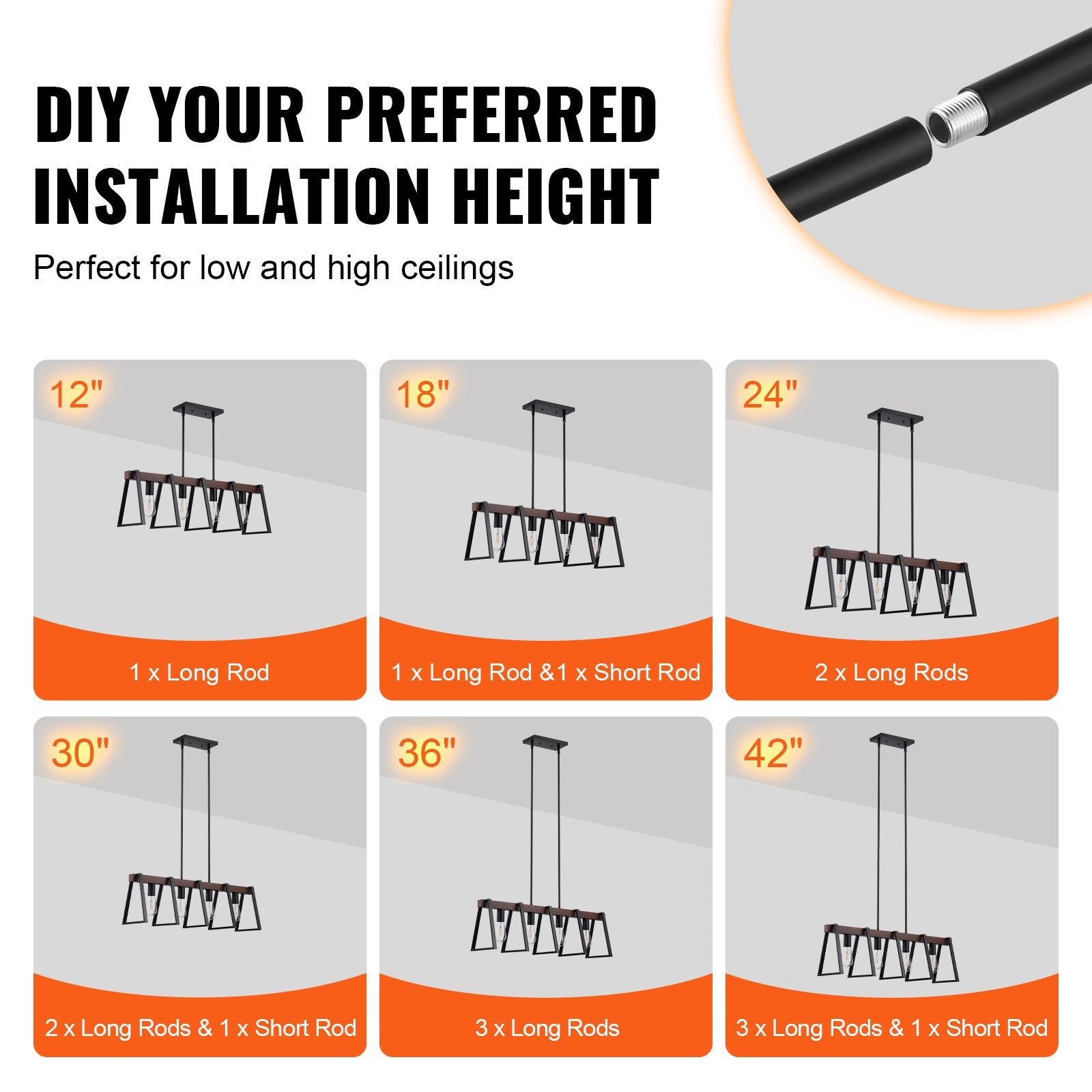 Industrial Farmhouse 4-Light Kitchen Island Pendant, Adjustable Dining Room Chandelier with Metal Frame, E26 Edison LED Compatible, 60W