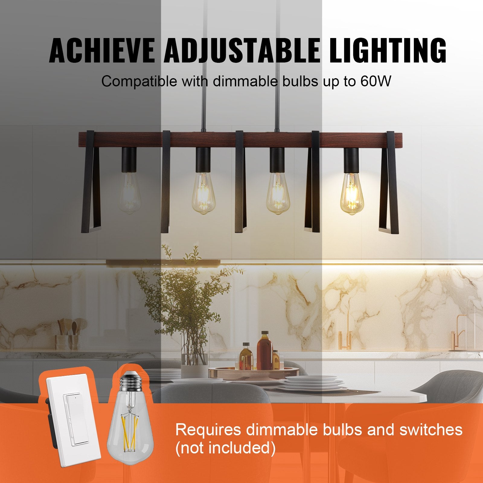 Industrial Farmhouse 4-Light Kitchen Island Pendant, Adjustable Dining Room Chandelier with Metal Frame, E26 Edison LED Compatible, 60W