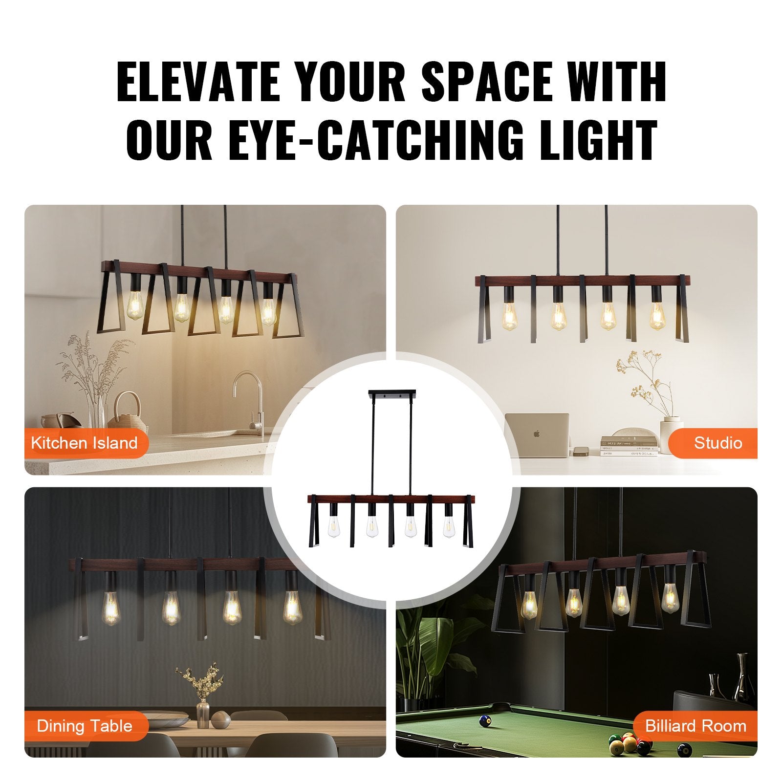 Industrial Farmhouse 4-Light Kitchen Island Pendant, Adjustable Dining Room Chandelier with Metal Frame, E26 Edison LED Compatible, 60W