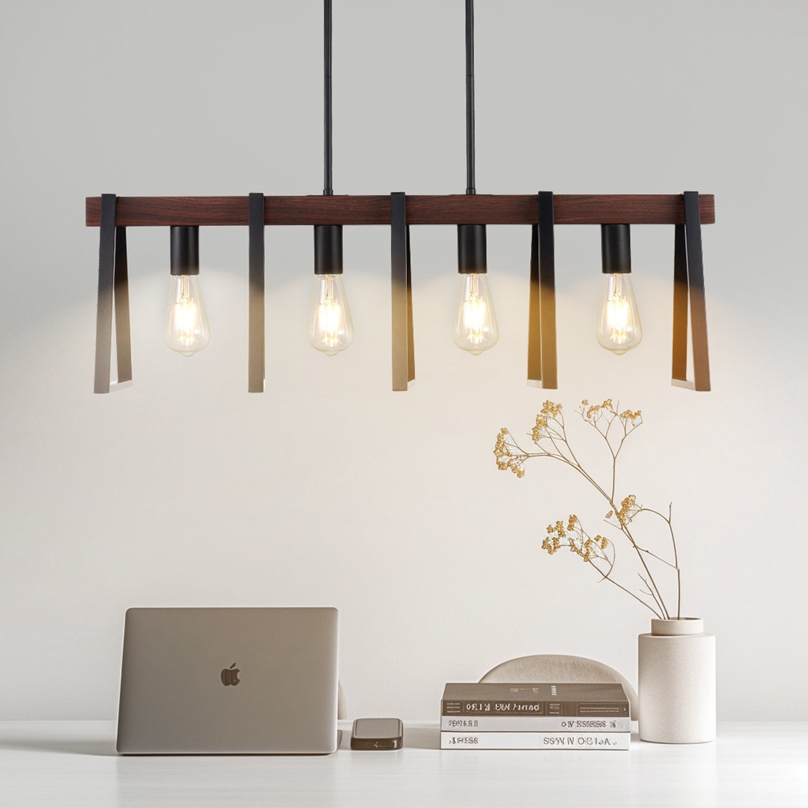 Industrial Farmhouse 4-Light Kitchen Island Pendant, Adjustable Dining Room Chandelier with Metal Frame, E26 Edison LED Compatible, 60W