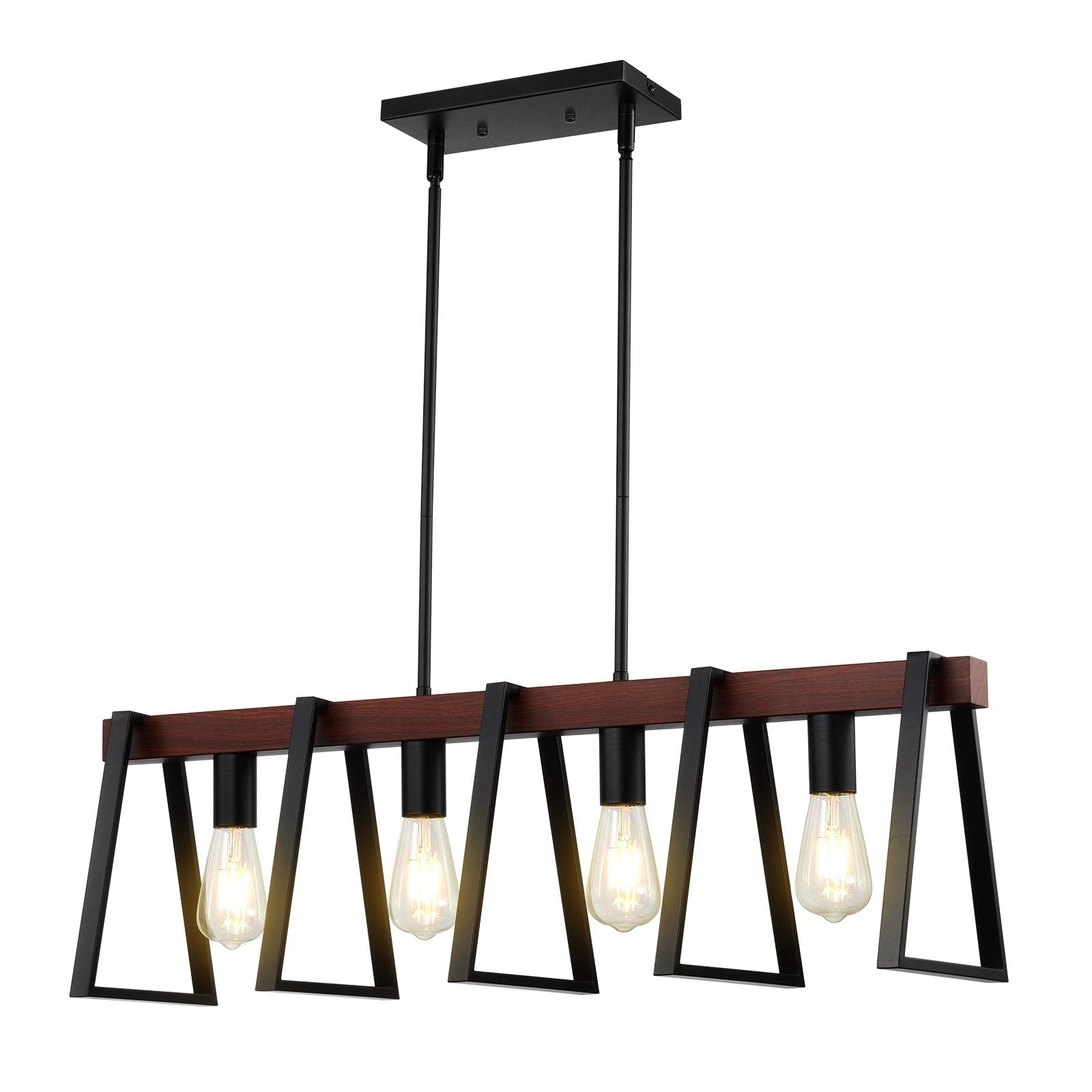 Industrial Farmhouse 4-Light Kitchen Island Pendant, Adjustable Dining Room Chandelier with Metal Frame, E26 Edison LED Compatible, 60W