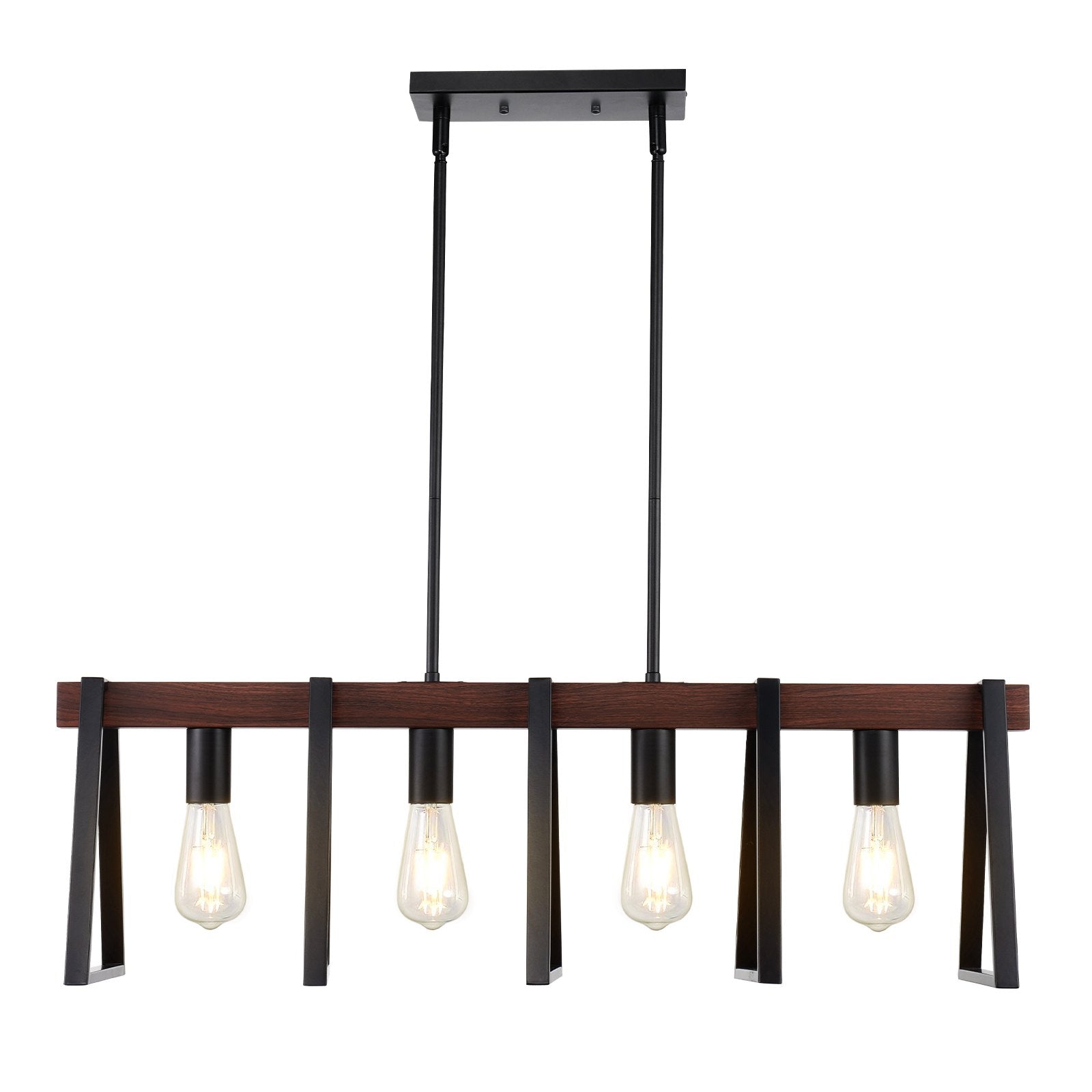 Industrial Farmhouse 4-Light Kitchen Island Pendant, Adjustable Dining Room Chandelier with Metal Frame, E26 Edison LED Compatible, 60W