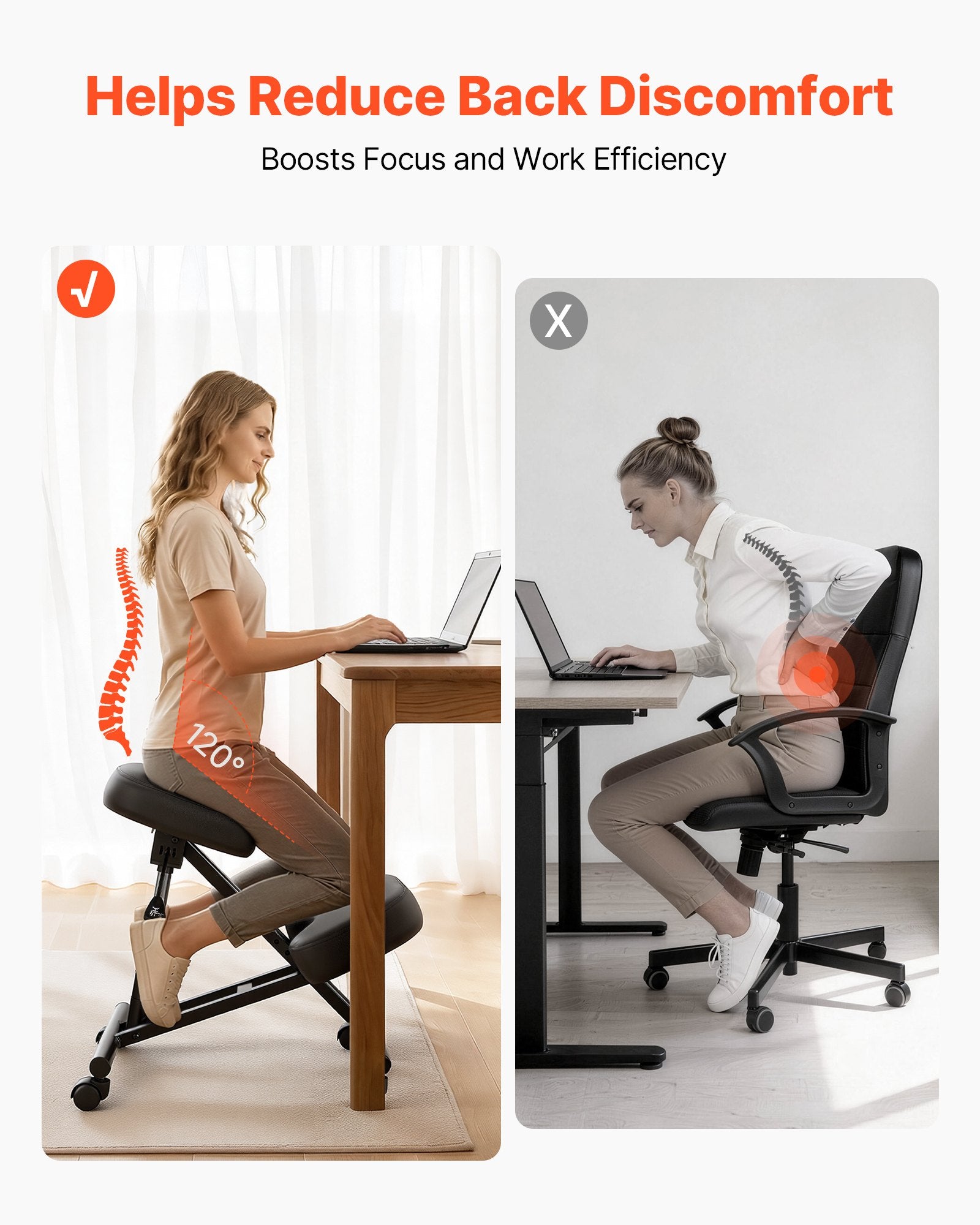 Ergonomic X-Shaped Adjustable Kneeling Chair with Wheels, Thick Foam Cushions for Neck & Back Pain Relief in Home, Office, Meditation