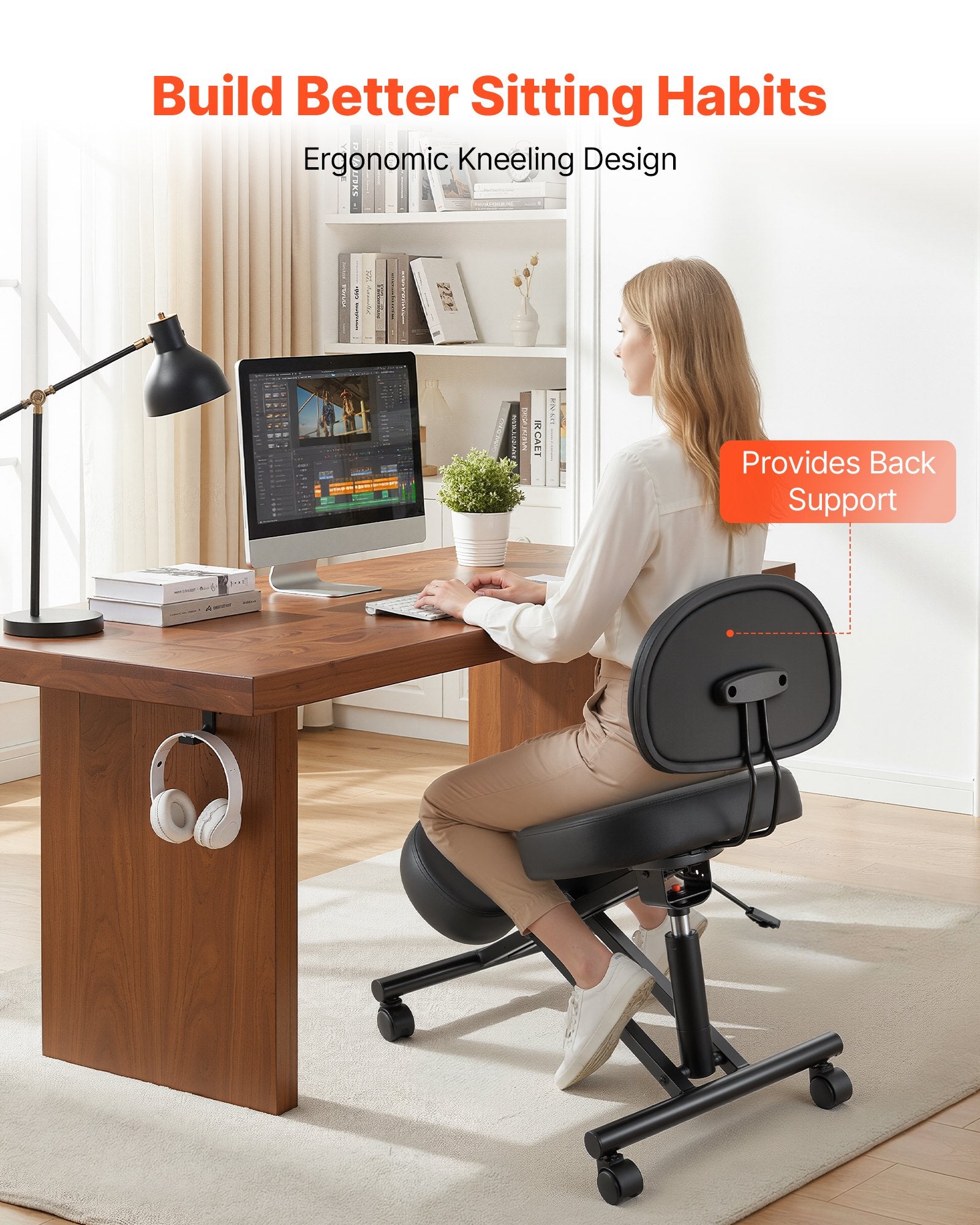Ergonomic Kneeling Chair with Backrest, Adjustable Height & Wheels, Thick Foam Cushions for Neck & Back Pain Relief, Home Office Meditation