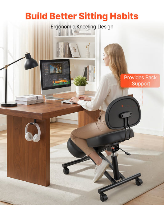 Ergonomic Kneeling Chair with Backrest, Adjustable Height & Wheels, Thick Foam Cushions for Neck & Back Pain Relief, Home Office Meditation
