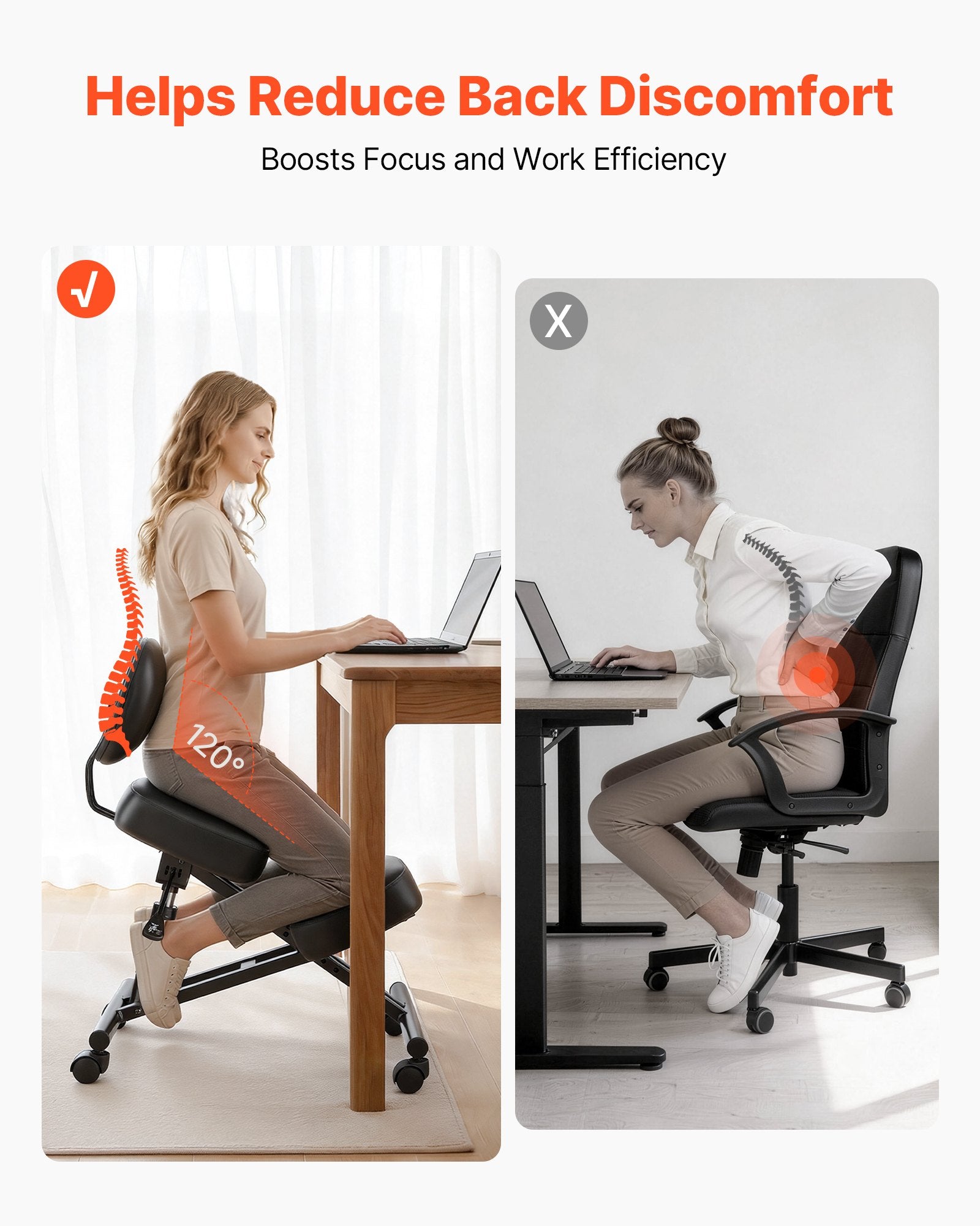 Ergonomic Kneeling Chair with Backrest, Adjustable Height & Wheels, Thick Foam Cushions for Neck & Back Pain Relief, Home Office Meditation