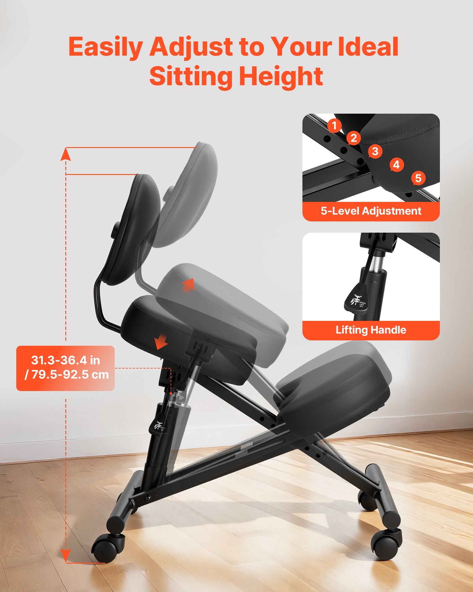 Ergonomic Kneeling Chair with Backrest, Adjustable Height & Wheels, Thick Foam Cushions for Neck & Back Pain Relief, Home Office Meditation