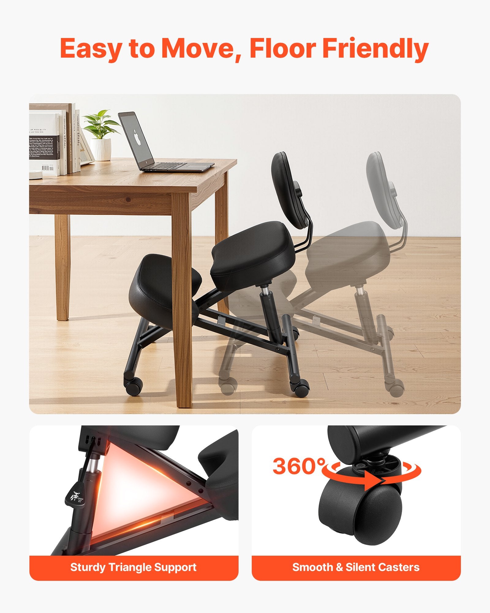 Ergonomic Kneeling Chair with Backrest, Adjustable Height & Wheels, Thick Foam Cushions for Neck & Back Pain Relief, Home Office Meditation