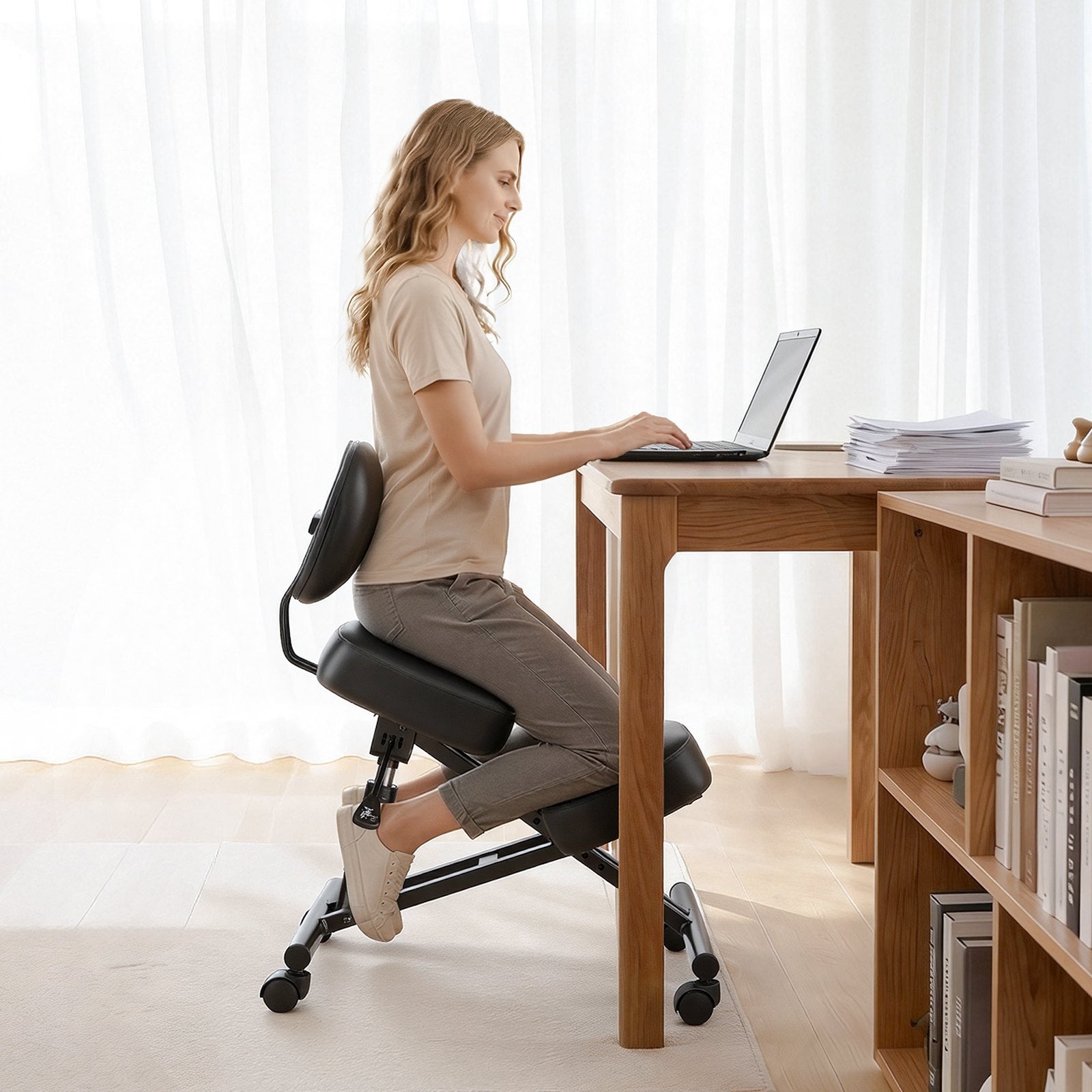 Ergonomic Kneeling Chair with Backrest, Adjustable Height & Wheels, Thick Foam Cushions for Neck & Back Pain Relief, Home Office Meditation