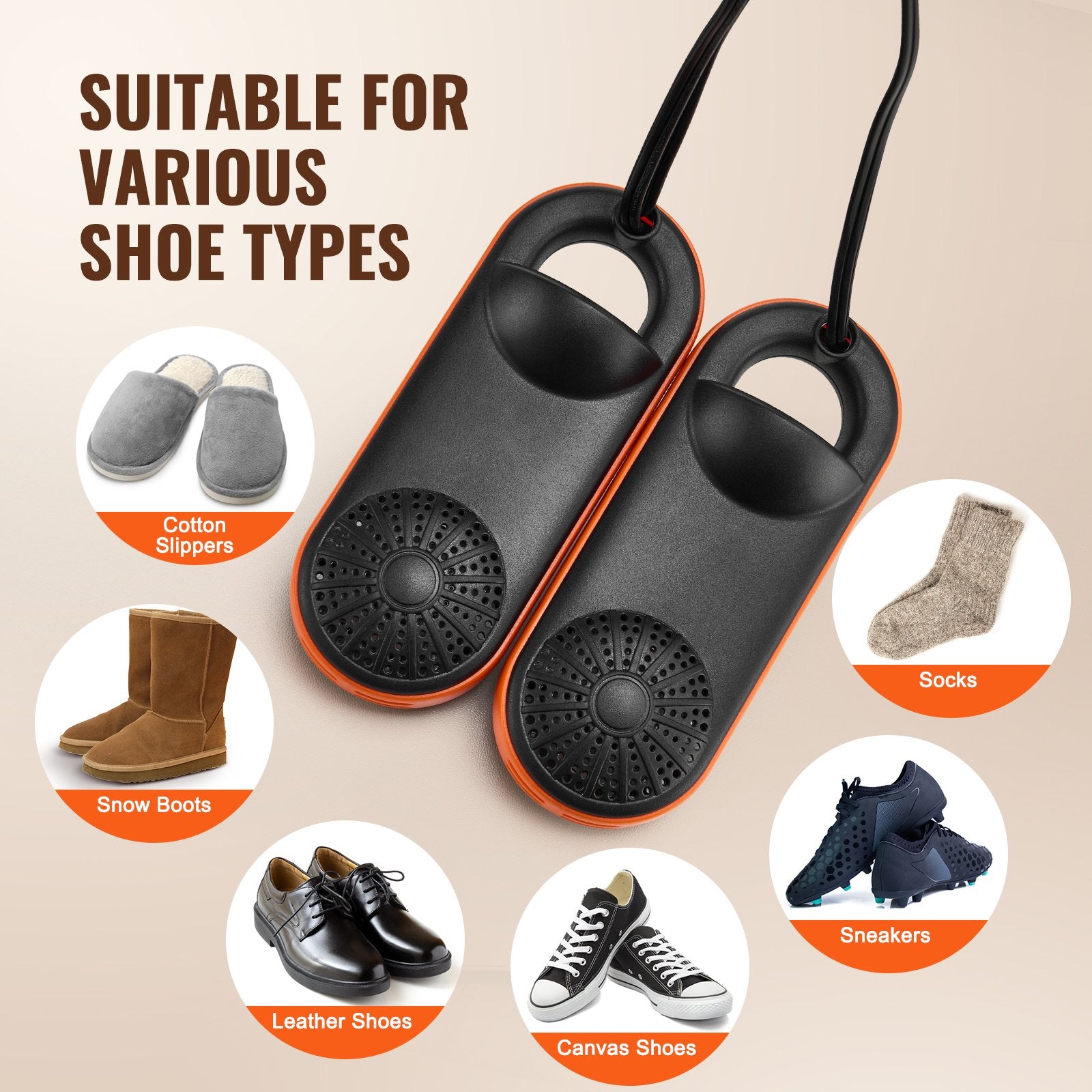 Portable Electric Shoe & Boot Dryer with UVA, Deodorizing Warmers for Quick Drying of Slippers, Leather & Canvas Shoes, Socks - Black/Orange