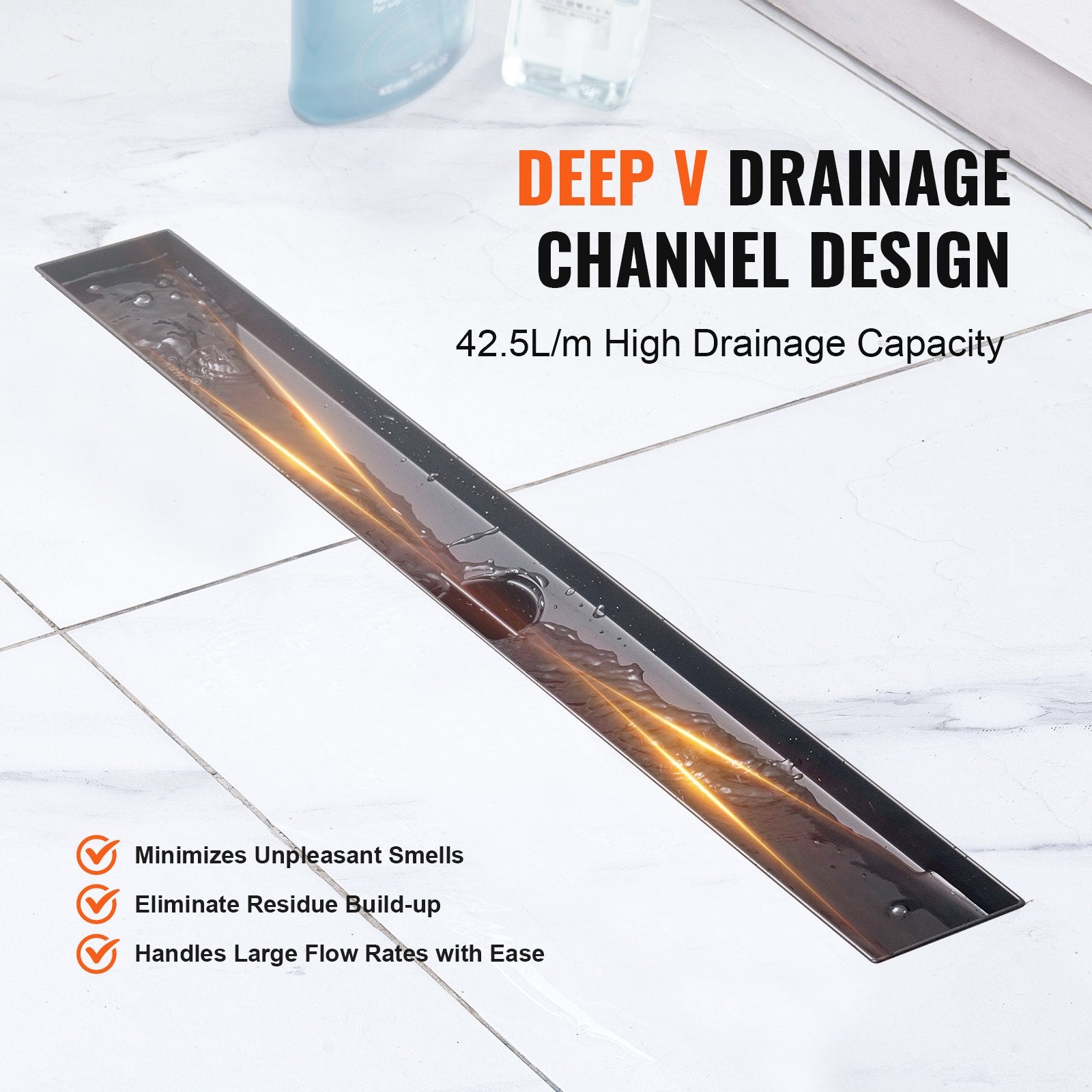 24-Inch Black Linear Shower Drain with Hair Strainer, Tile Insert Cover, Brushed Stainless Steel, High Flow, Easy Maintenance