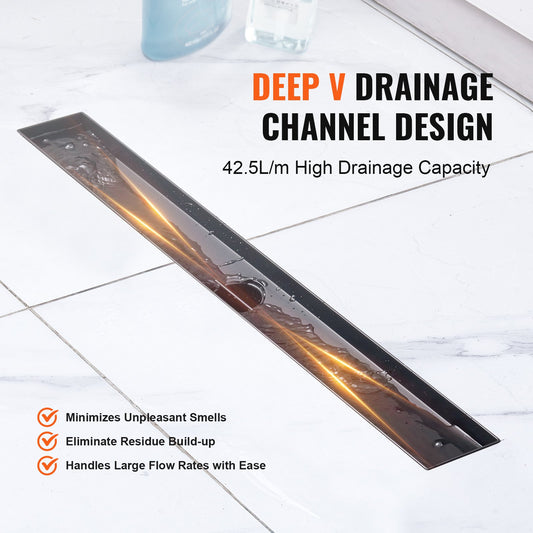 24-Inch Black Linear Shower Drain with Hair Strainer, Tile Insert Cover, Brushed Stainless Steel, High Flow, Easy Maintenance