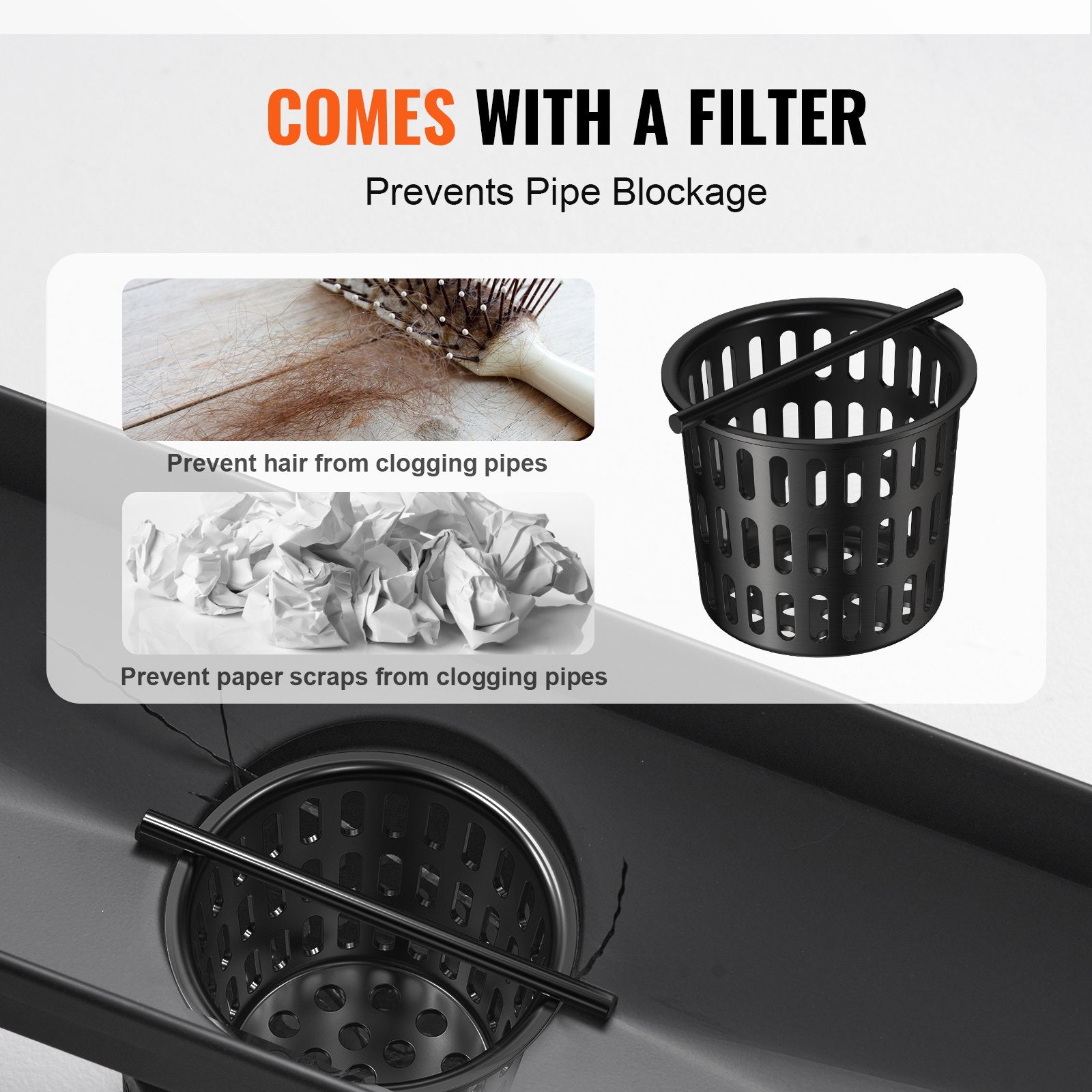 24-Inch Black Linear Shower Drain with Hair Strainer, Tile Insert Cover, Brushed Stainless Steel, High Flow, Easy Maintenance