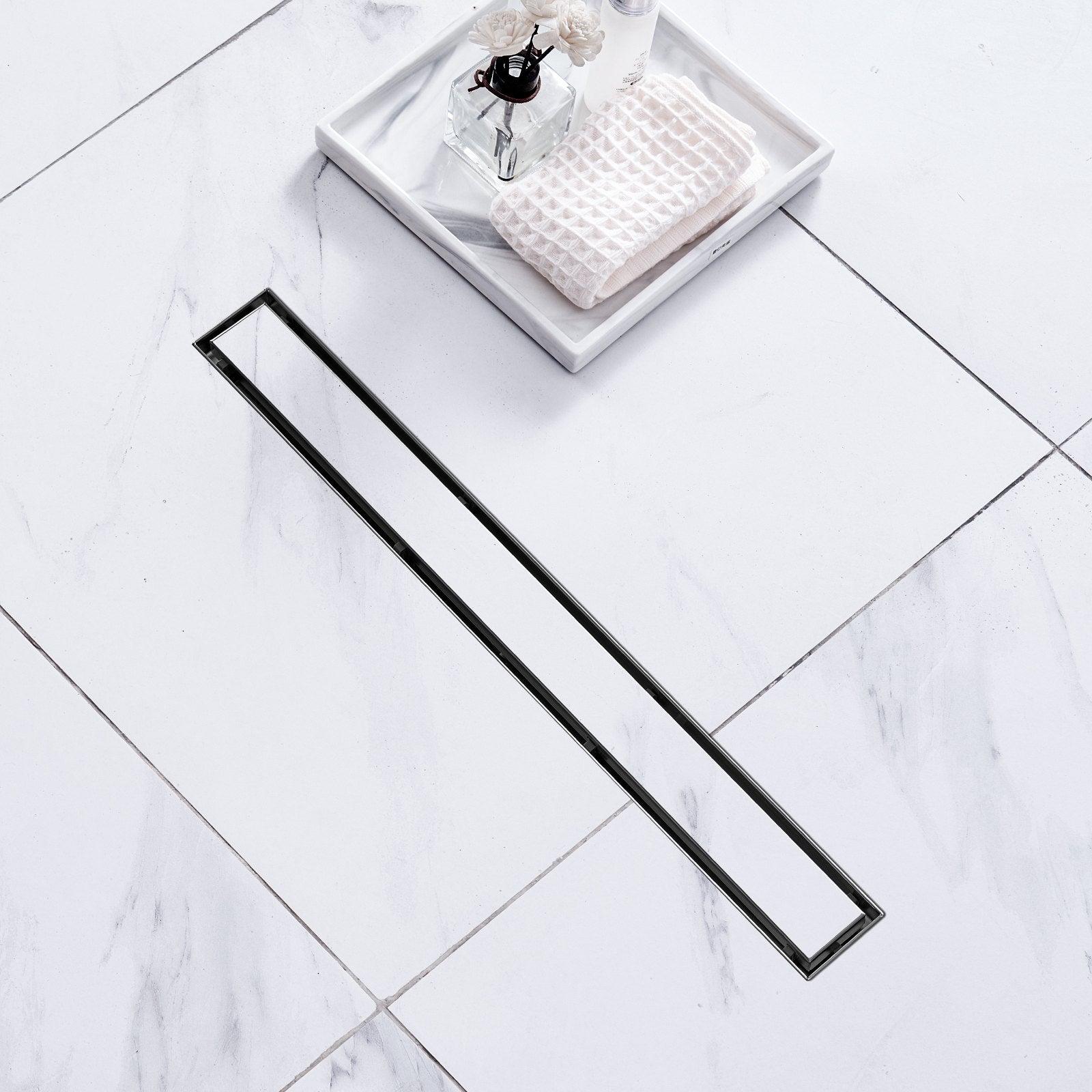 24-Inch Black Linear Shower Drain with Hair Strainer, Tile Insert Cover, Brushed Stainless Steel, High Flow, Easy Maintenance