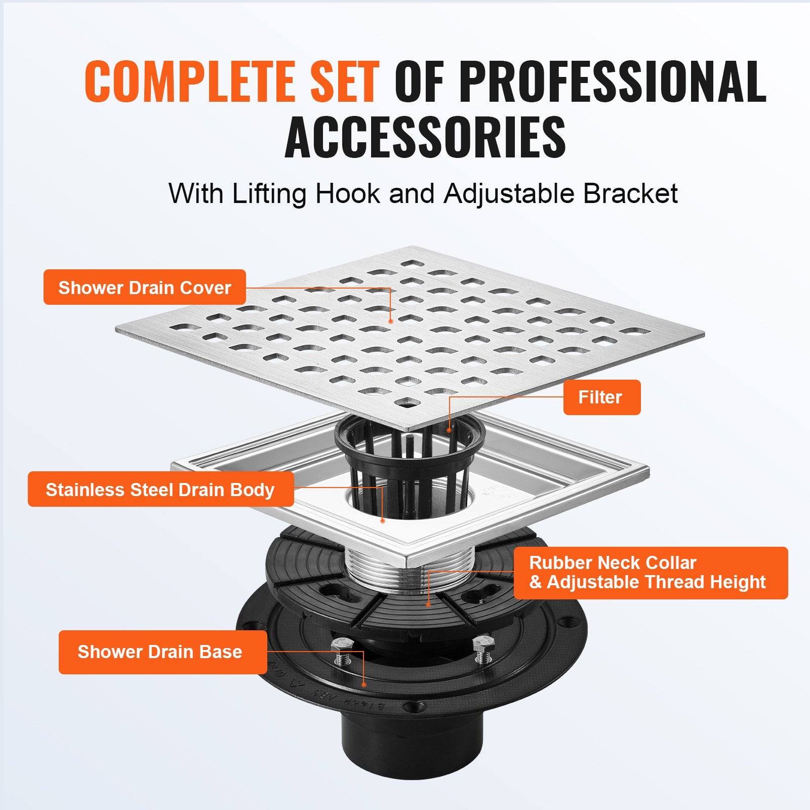 16" Linear Shower Drain with Square Grate, Brushed Stainless Steel, Leveling Feet, Hair Strainer, High Capacity, Easy Maintenance