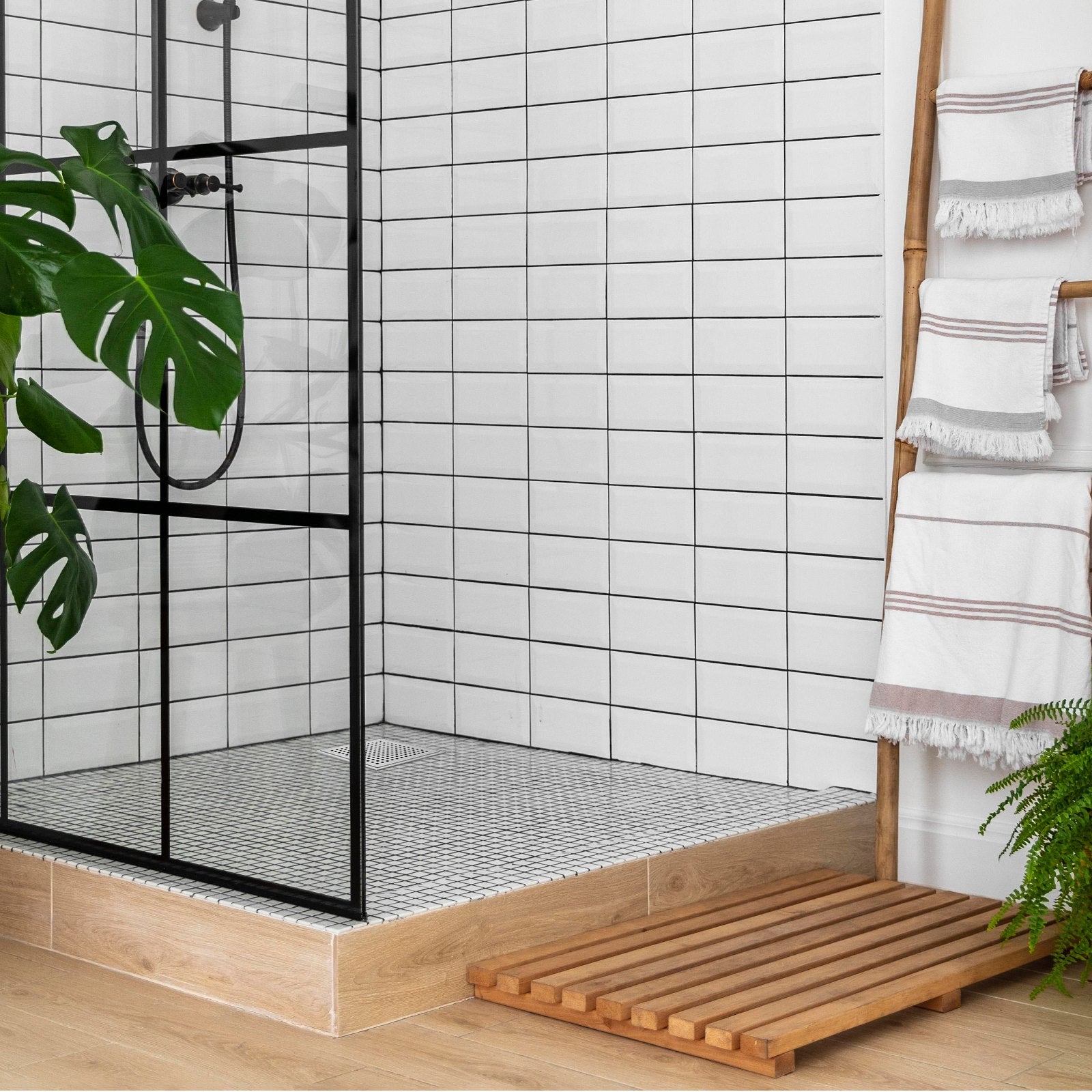 16" Linear Shower Drain with Square Grate, Brushed Stainless Steel, Leveling Feet, Hair Strainer, High Capacity, Easy Maintenance