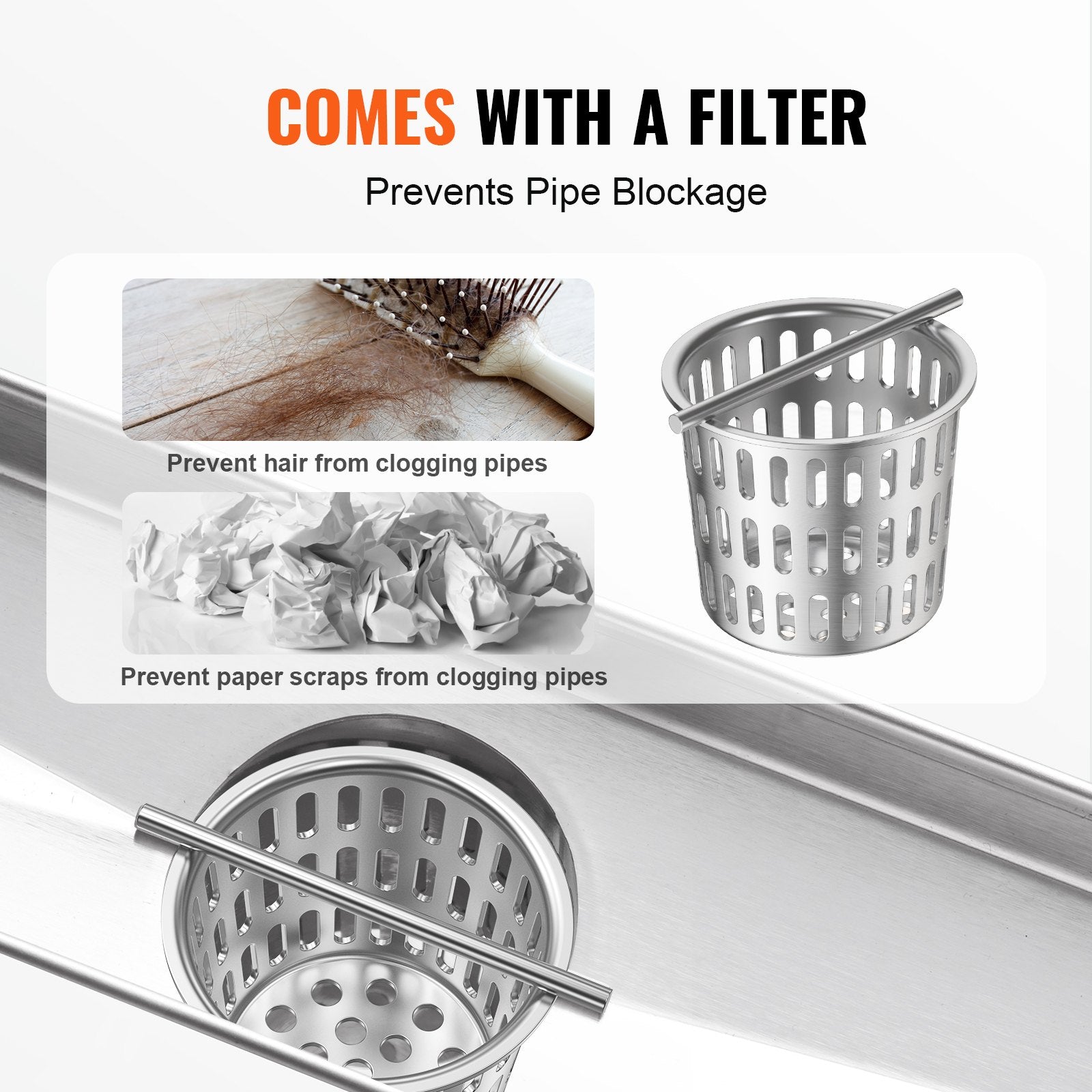 24" Linear Shower Drain Offset with Tile Insert, Brushed Stainless Steel, Leveling Feet, Hair Strainer, High Discharge Capacity