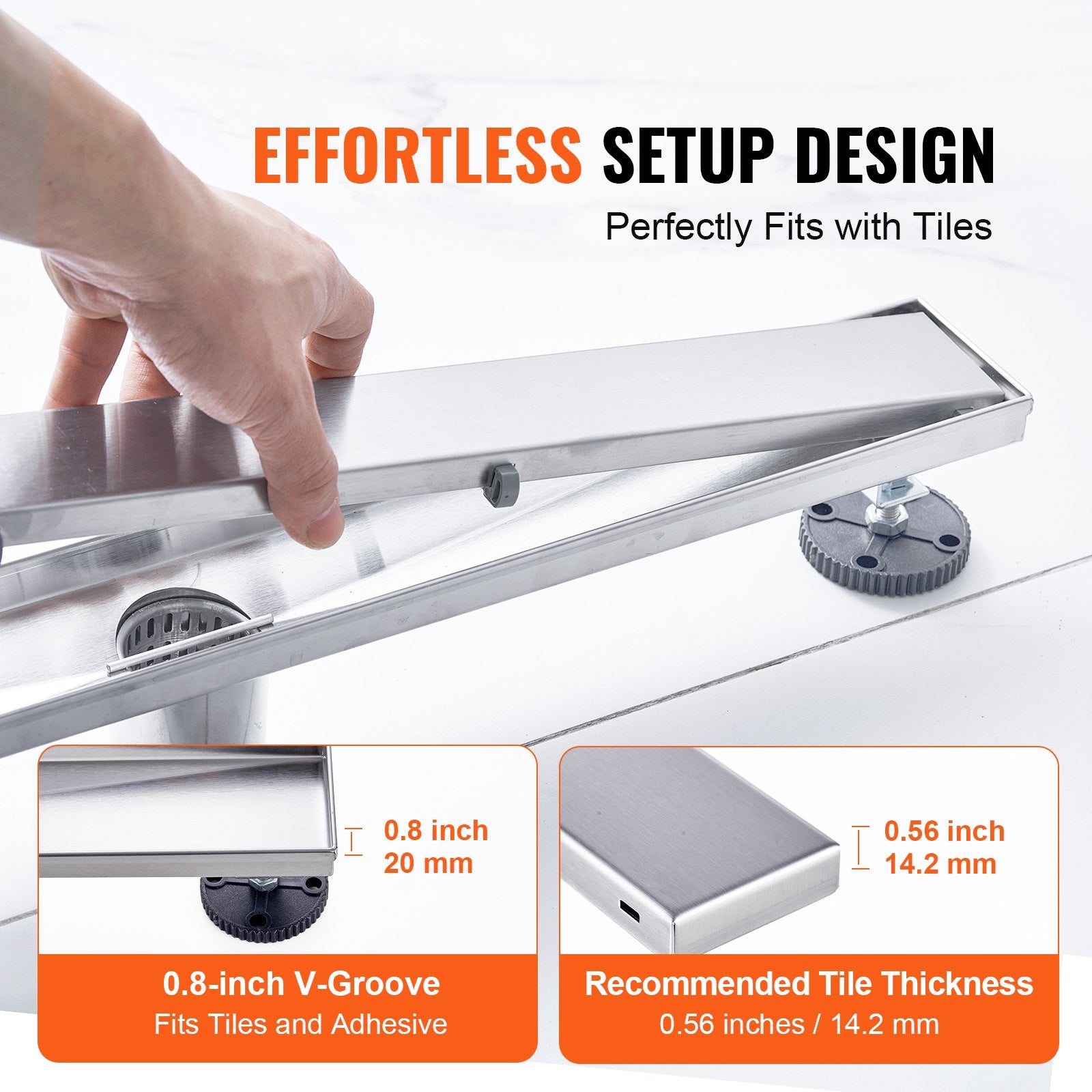 24" Linear Shower Drain Offset with Tile Insert, Brushed Stainless Steel, Leveling Feet, Hair Strainer, High Discharge Capacity