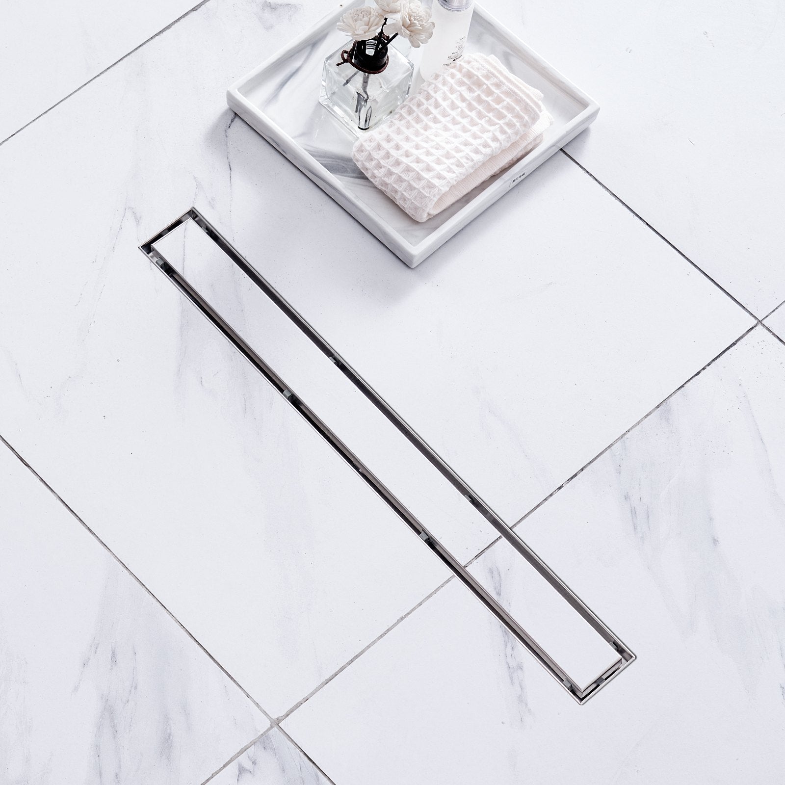 24" Linear Shower Drain Offset with Tile Insert, Brushed Stainless Steel, Leveling Feet, Hair Strainer, High Discharge Capacity