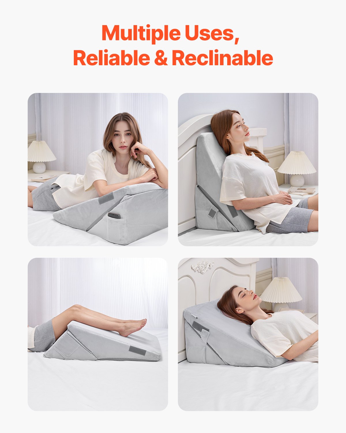 Adjustable Orthopedic Bed Wedge Pillow for Sleeping - Premium Foam & Soft Cover for Acid Reflux, Back Pain, Snoring Relief, Light Grey