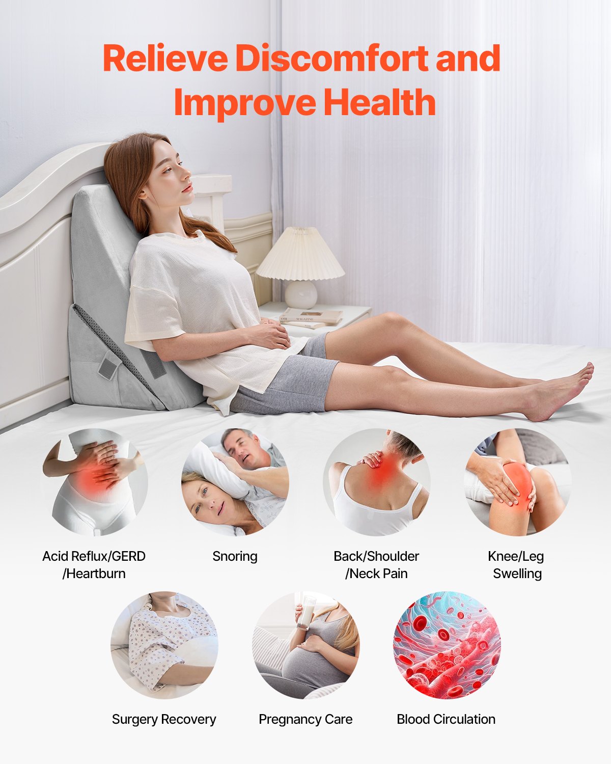 Adjustable Orthopedic Bed Wedge Pillow for Sleeping - Premium Foam & Soft Cover for Acid Reflux, Back Pain, Snoring Relief, Light Grey
