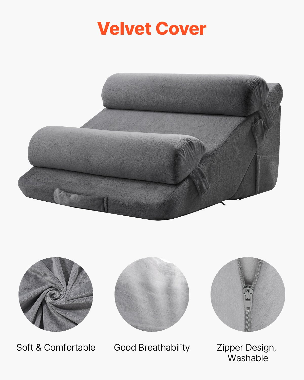 Adjustable Orthopedic Wedge Pillow Set for Sleeping, Post-Surgery Support, Acid Reflux, Back Pain, Snoring Relief, Dark Grey Velvet