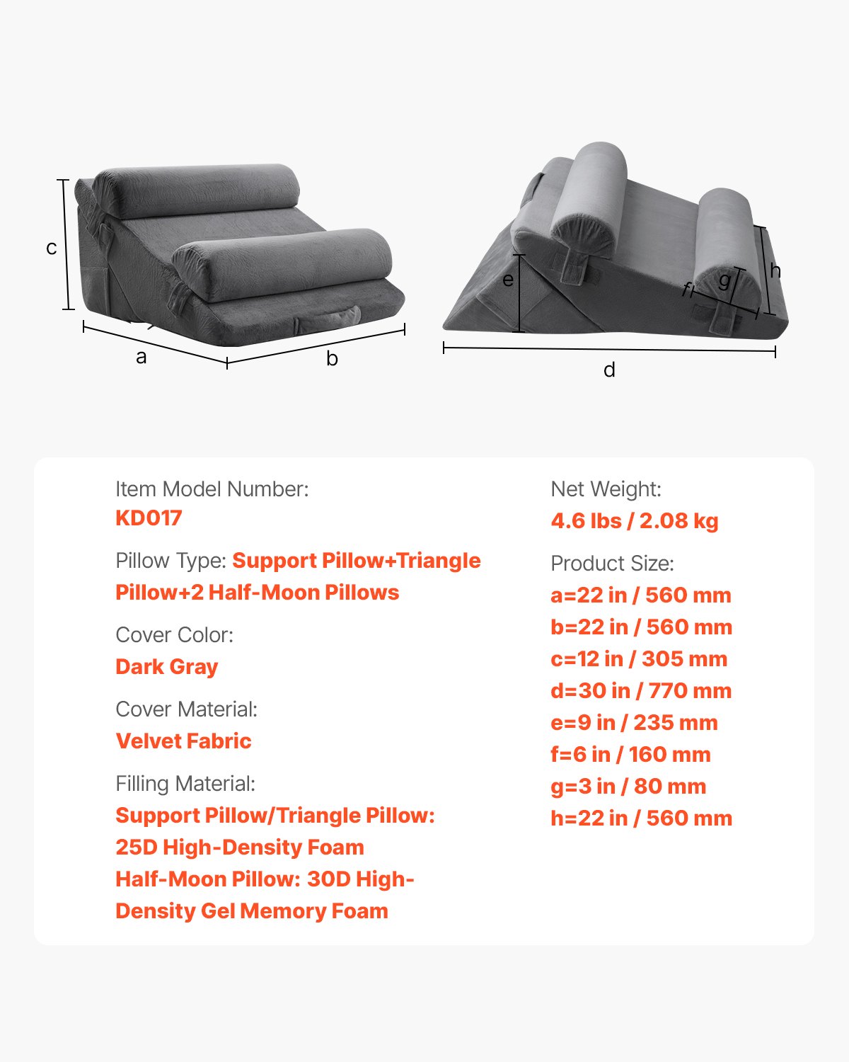 Adjustable Orthopedic Wedge Pillow Set for Sleeping, Post-Surgery Support, Acid Reflux, Back Pain, Snoring Relief, Dark Grey Velvet