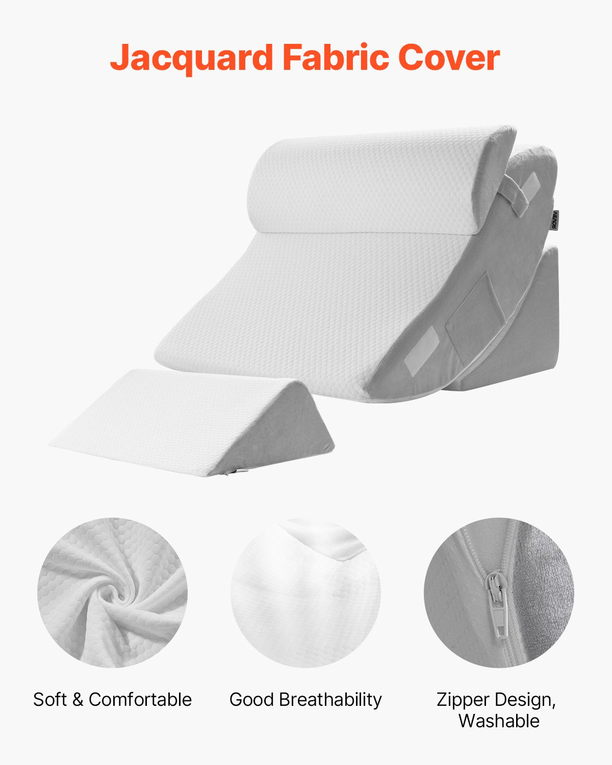Adjustable Orthopedic Wedge Pillow Set for Sleeping & Post-Surgery, Relieve Back Pain, Acid Reflux, Snoring, with High-Density Foam, White/Grey