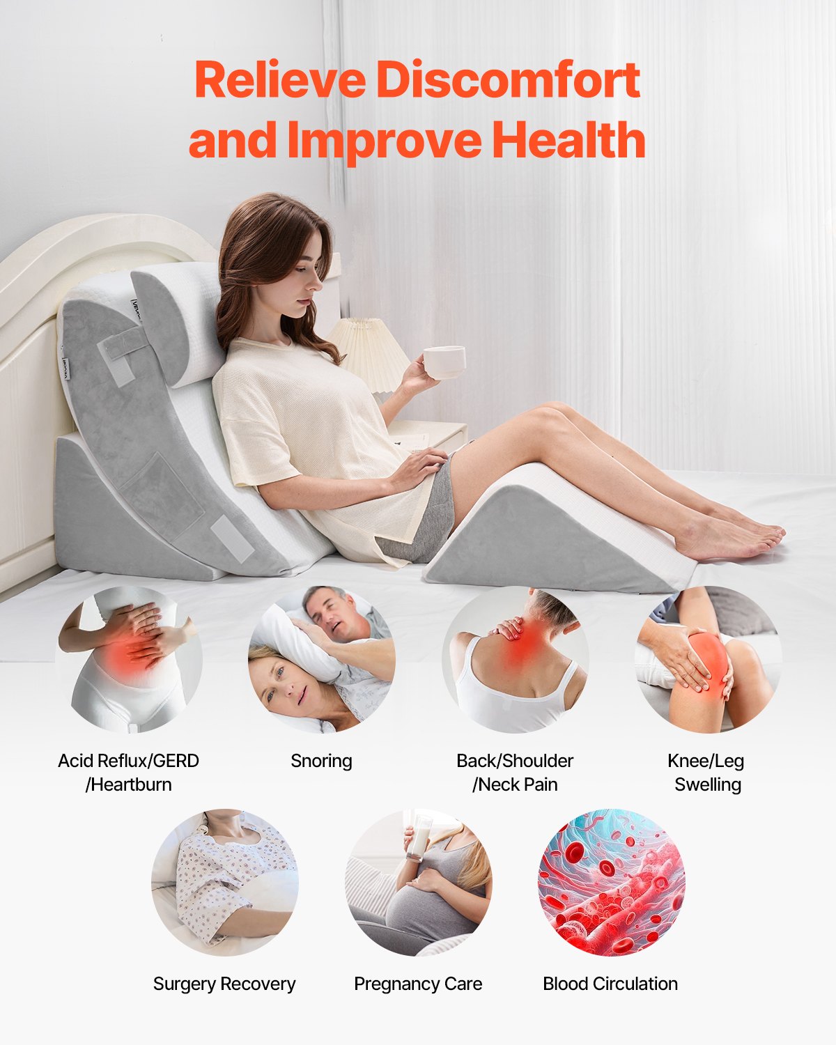 Adjustable Orthopedic Wedge Pillow Set for Sleeping & Post-Surgery, Relieve Back Pain, Acid Reflux, Snoring, with High-Density Foam, White/Grey