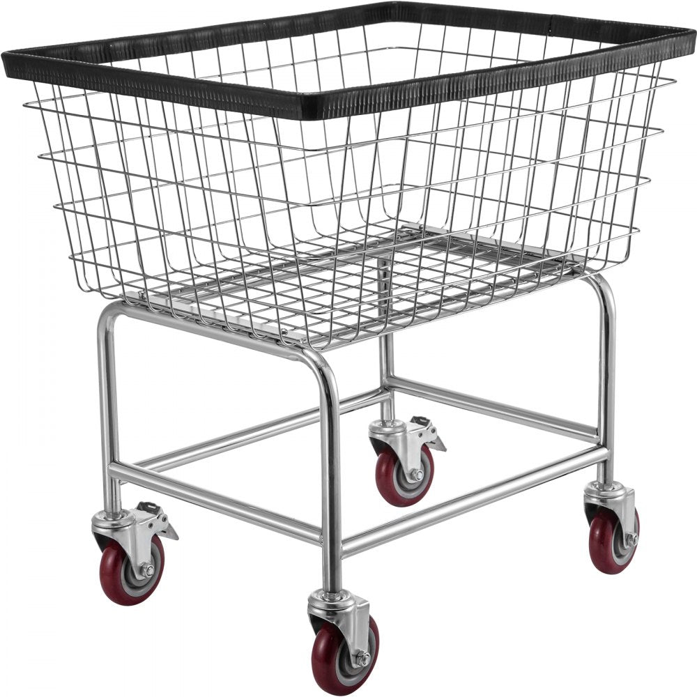 Heavy-Duty Steel Wire Laundry Cart with Wheels and Chrome Finish, 2.5 Bushel Capacity, 20''x15.7''x26'' for Commercial and Home Use