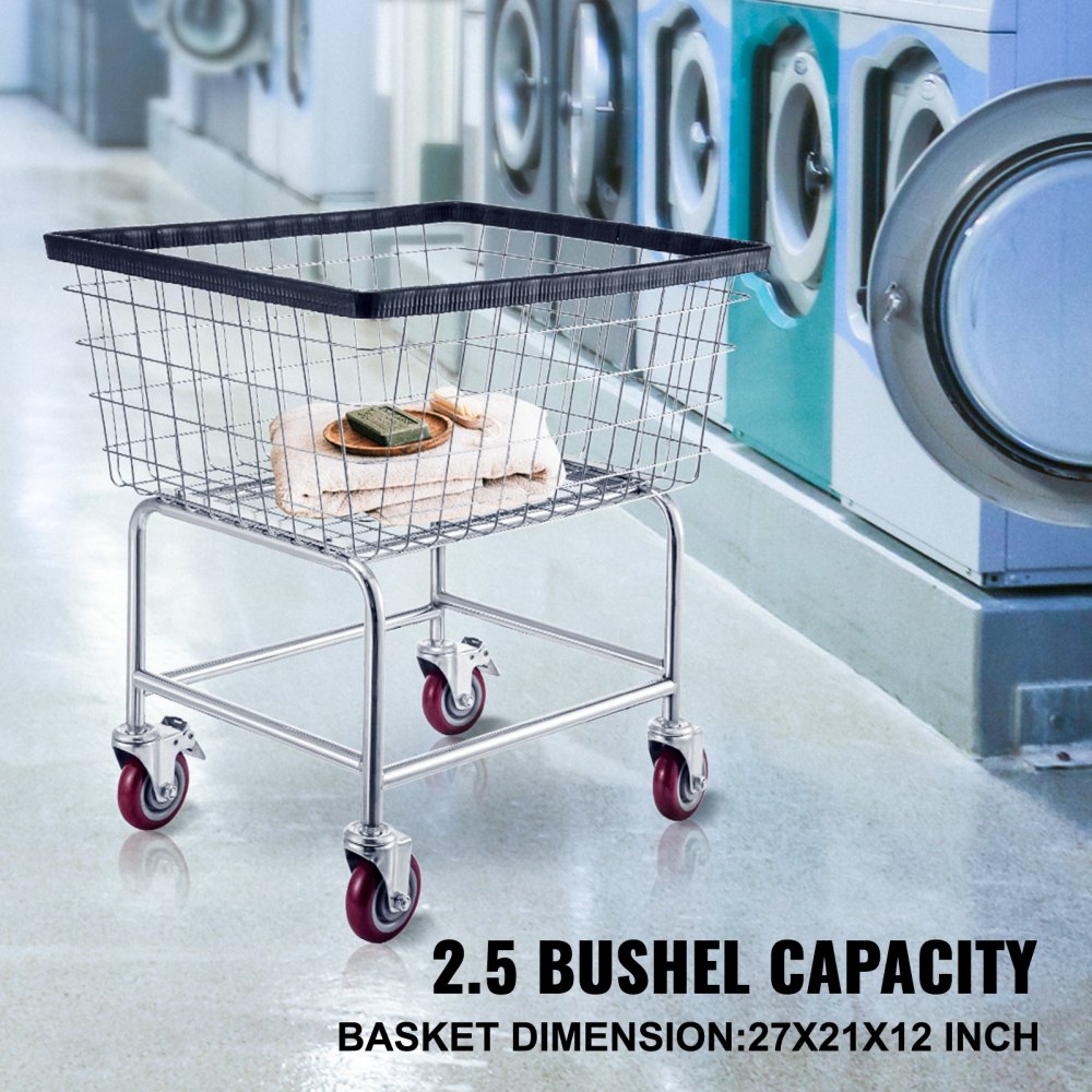 Heavy-Duty Steel Wire Laundry Cart with Wheels and Chrome Finish, 2.5 Bushel Capacity, 20''x15.7''x26'' for Commercial and Home Use