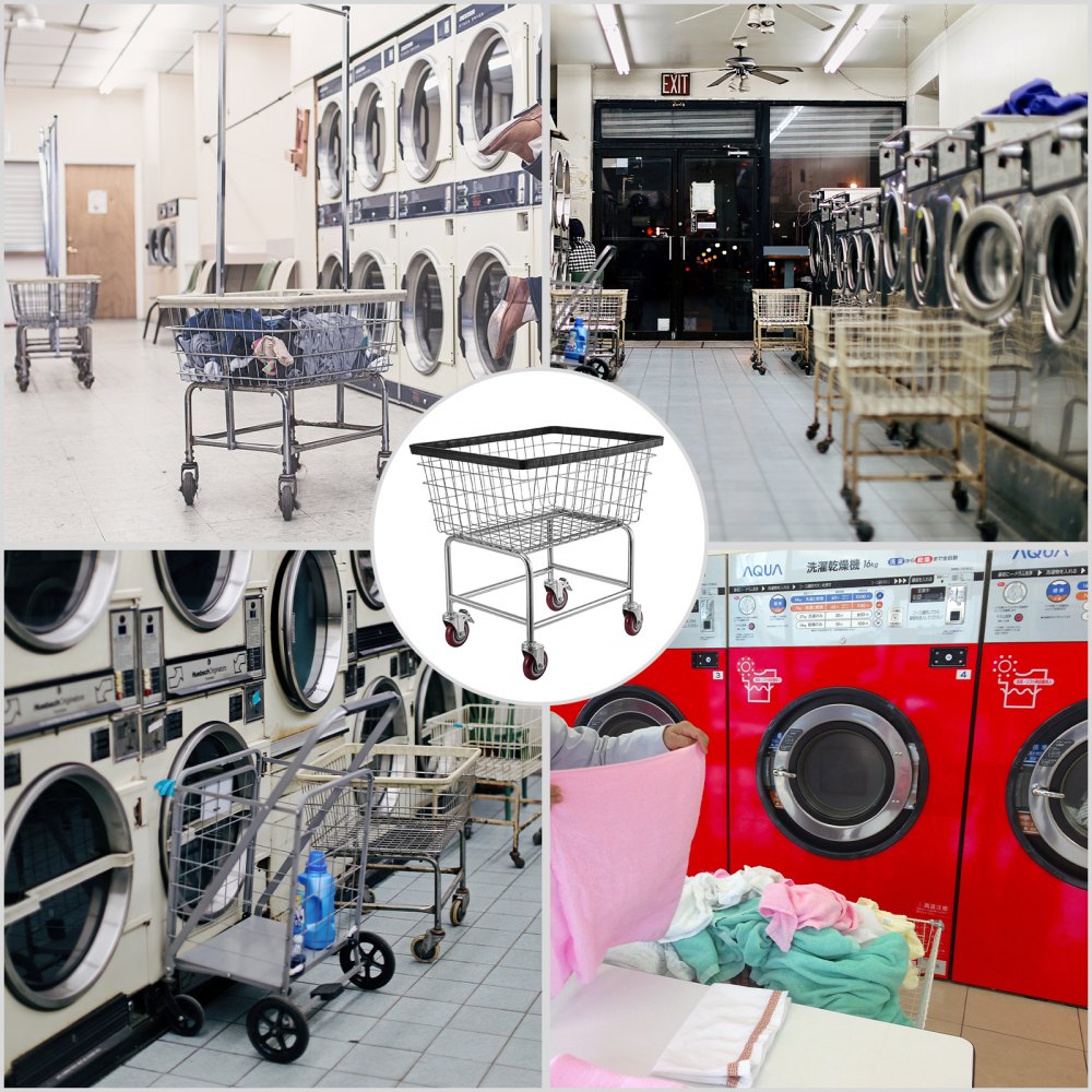 Heavy-Duty Steel Wire Laundry Cart with Wheels and Chrome Finish, 2.5 Bushel Capacity, 20''x15.7''x26'' for Commercial and Home Use