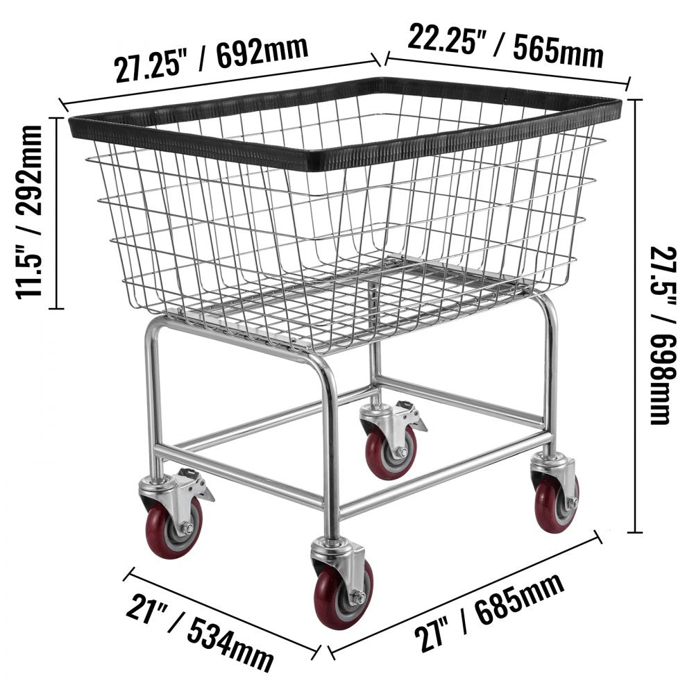 Heavy-Duty Steel Wire Laundry Cart with Wheels and Chrome Finish, 2.5 Bushel Capacity, 20''x15.7''x26'' for Commercial and Home Use