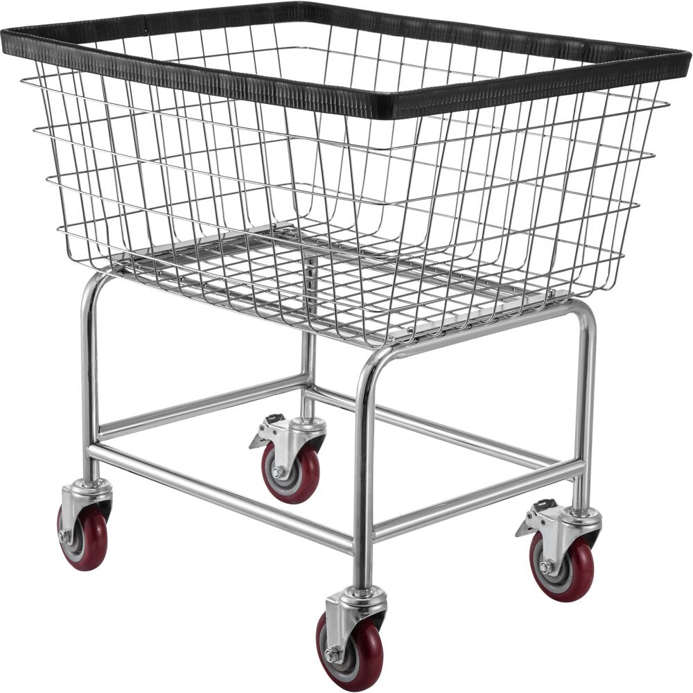 Heavy-Duty Steel Wire Laundry Cart with Wheels and Chrome Finish, 2.5 Bushel Capacity, 20''x15.7''x26'' for Commercial and Home Use