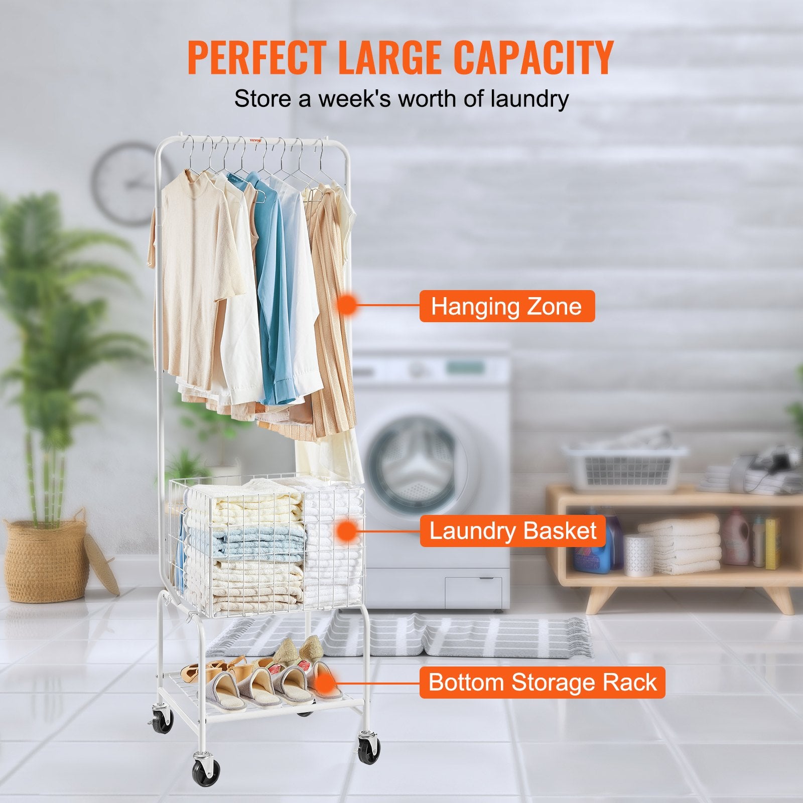 Adjustable Metal Laundry Hamper Cart with Garment Rack, Heavy Duty Wheels, Storage Organizer, Basket & Shelf Load Capacity, Iron Construction
