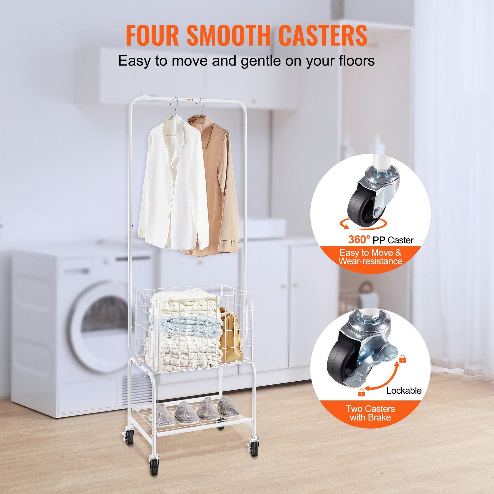 Adjustable Metal Laundry Hamper Cart with Garment Rack, Heavy Duty Wheels, Storage Organizer, Basket & Shelf Load Capacity, Iron Construction