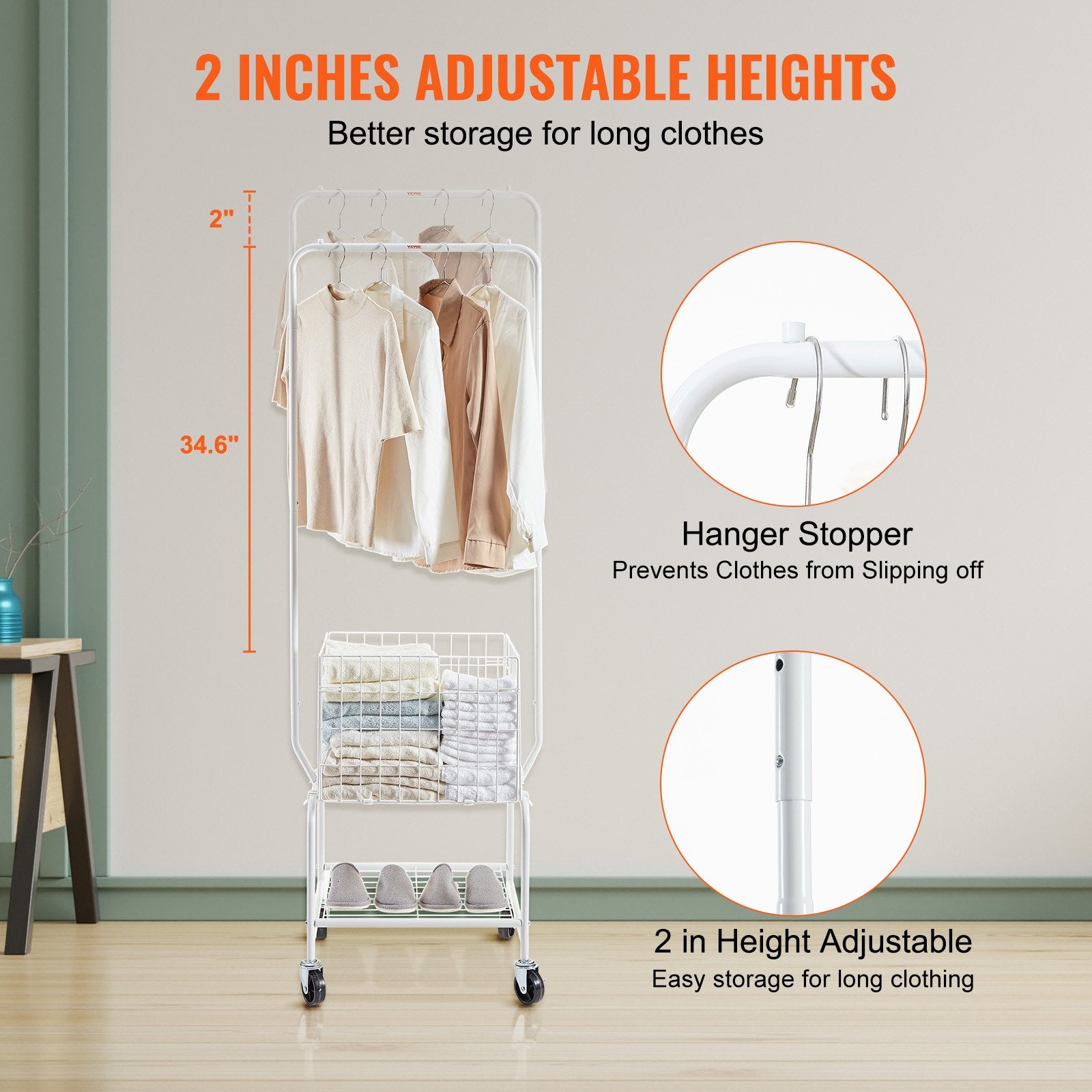 Adjustable Metal Laundry Hamper Cart with Garment Rack, Heavy Duty Wheels, Storage Organizer, Basket & Shelf Load Capacity, Iron Construction