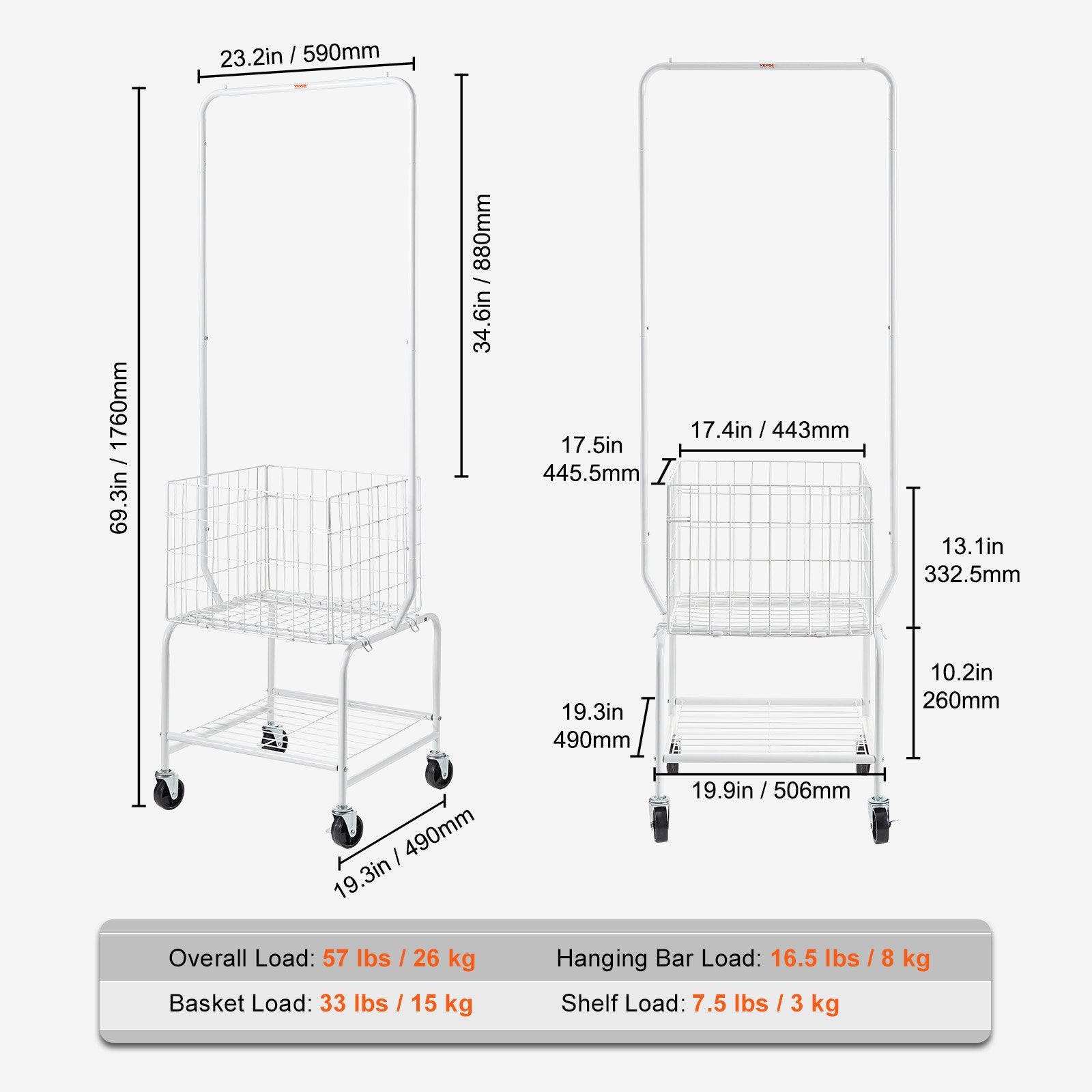 Adjustable Metal Laundry Hamper Cart with Garment Rack, Heavy Duty Wheels, Storage Organizer, Basket & Shelf Load Capacity, Iron Construction