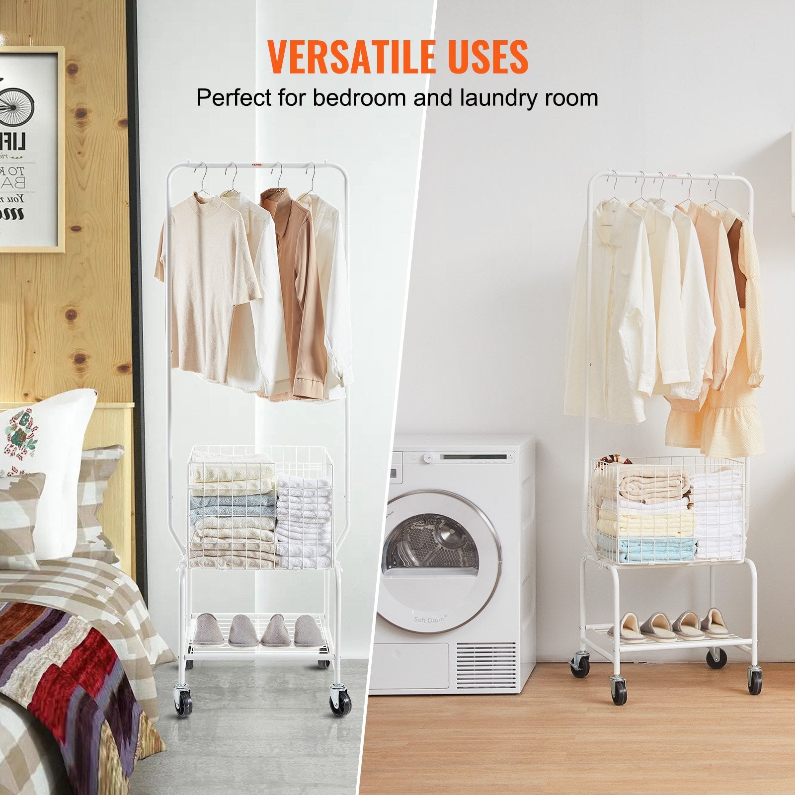 Adjustable Metal Laundry Hamper Cart with Garment Rack, Heavy Duty Wheels, Storage Organizer, Basket & Shelf Load Capacity, Iron Construction