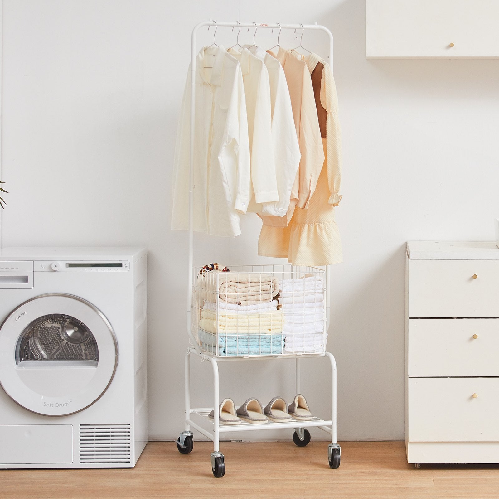 Adjustable Metal Laundry Hamper Cart with Garment Rack, Heavy Duty Wheels, Storage Organizer, Basket & Shelf Load Capacity, Iron Construction