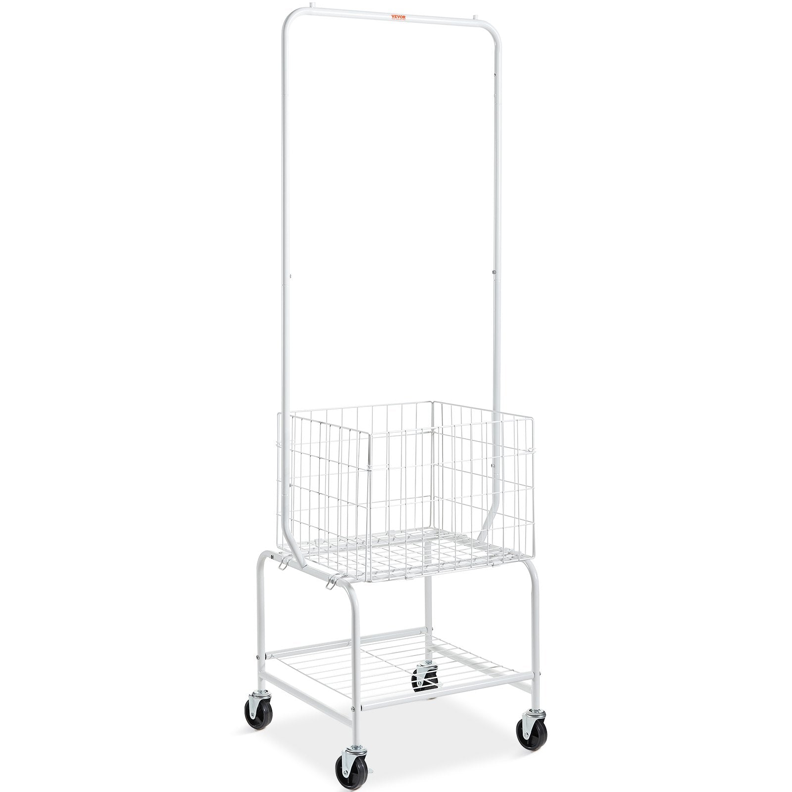 Adjustable Metal Laundry Hamper Cart with Garment Rack, Heavy Duty Wheels, Storage Organizer, Basket & Shelf Load Capacity, Iron Construction