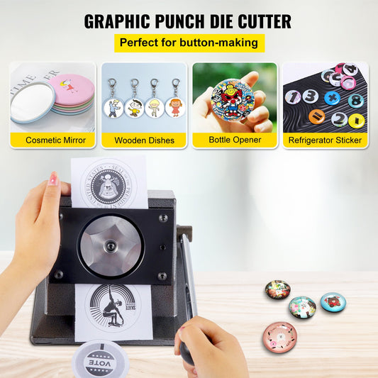 Heavy-Duty Cast Iron Round Punch Die Cutter with Steel Blade for 1.25" Badges - Manual Graphic Punch Press for Precision Cutting