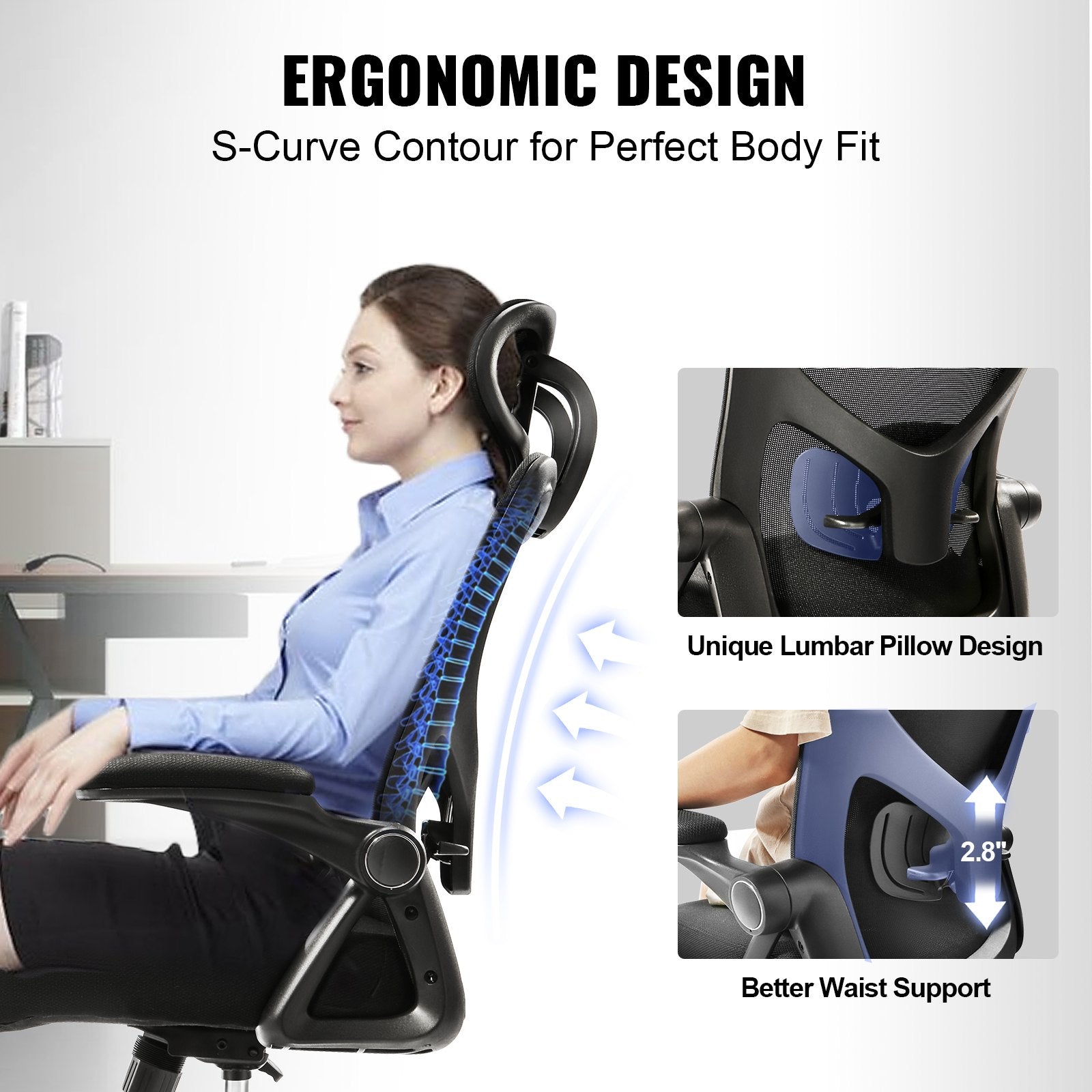 Ergonomic Office Chair with Adjustable Lumbar Support, High Back, 2D Armrest, Headrest for Home Office, Computer Desk Chair, 286 lbs Capacity