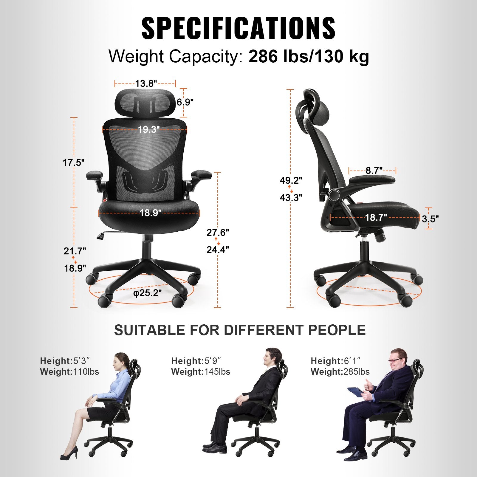 Ergonomic Office Chair with Adjustable Lumbar Support, High Back, 2D Armrest, Headrest for Home Office, Computer Desk Chair, 286 lbs Capacity