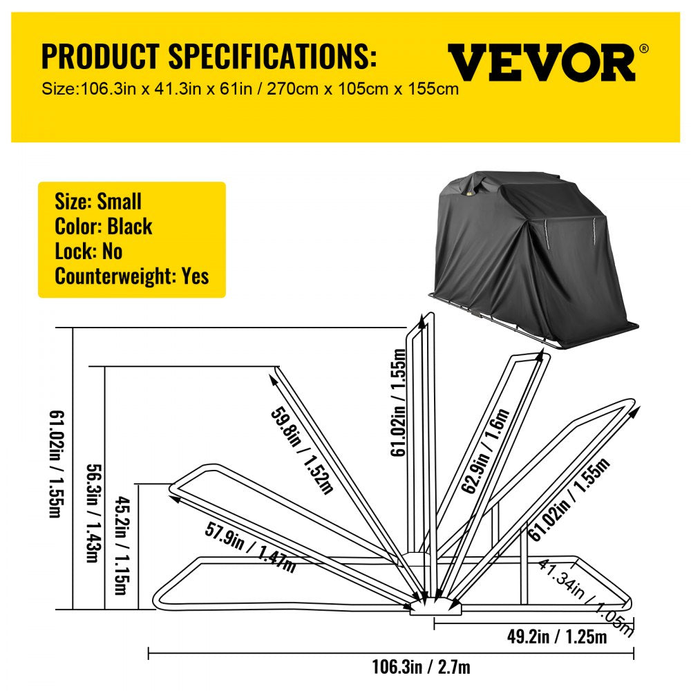 VEVOR Hoods For Vehicles Motorcycle Shelter Shed  Waterproof Motorcycle Cover Outdoor Protection 106.5 Inch X41.5 Inch X61 Inch Motorbike Cover Tent Scooter Shelter