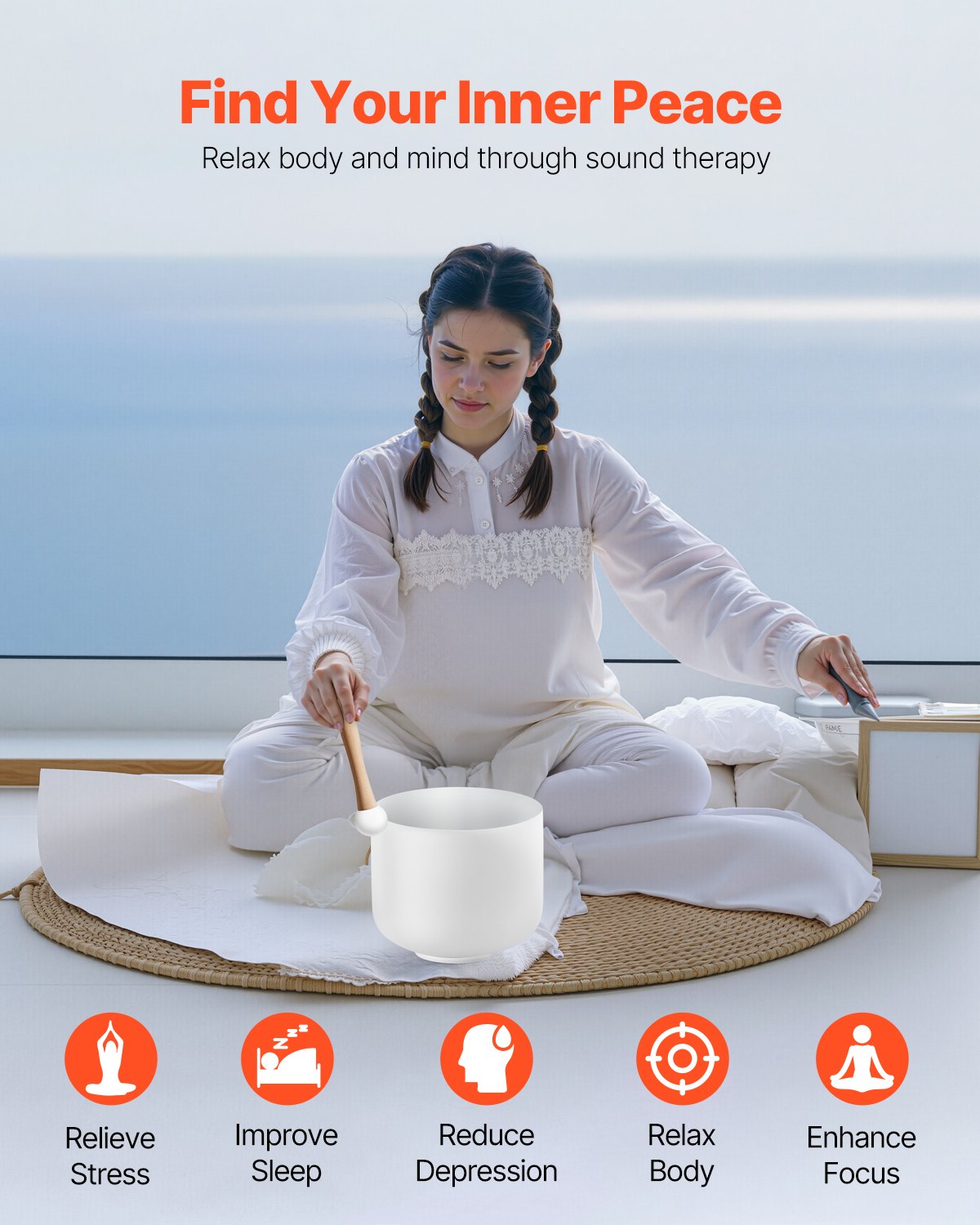 8-Inch Frosted Quartz Crystal Singing Bowl - F Note Heart Chakra Sound Healing Set for Meditation, Yoga, and Relaxation with Mallet & O-Ring