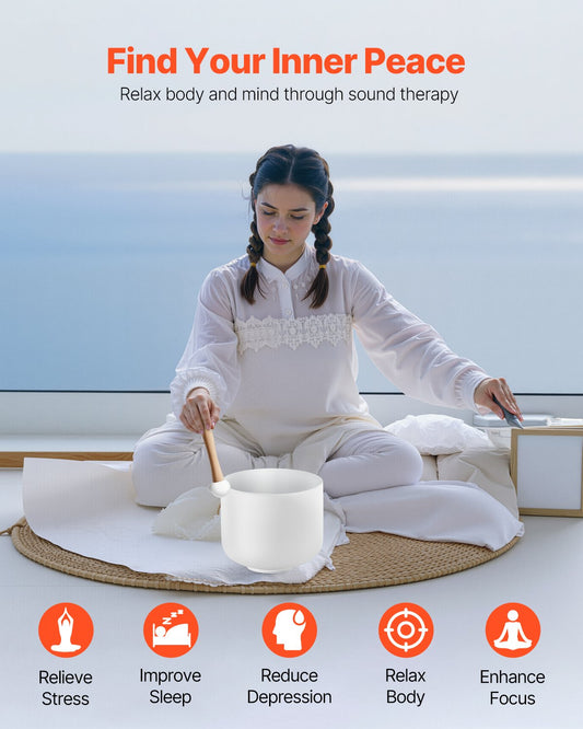 8-Inch Frosted Quartz Crystal Singing Bowl - F Note Heart Chakra Sound Healing Set for Meditation, Yoga, and Relaxation with Mallet & O-Ring